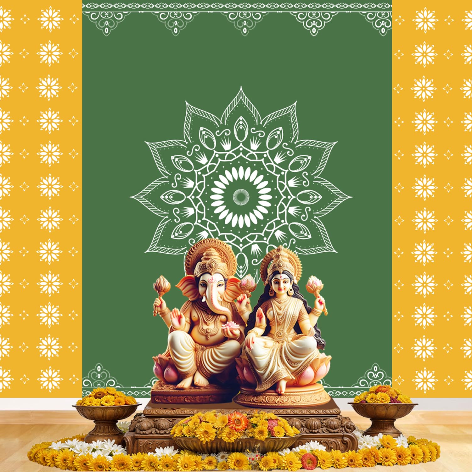 Party Propz Traditional Backdrop Decoration Cloth, Diwali Decoration for Home Decor, Navratri Decorations Items, Annaprasana Decorations, Haldi Decor (Cloth Banner)(Green,Yellow) - Image 3 thumbnail
