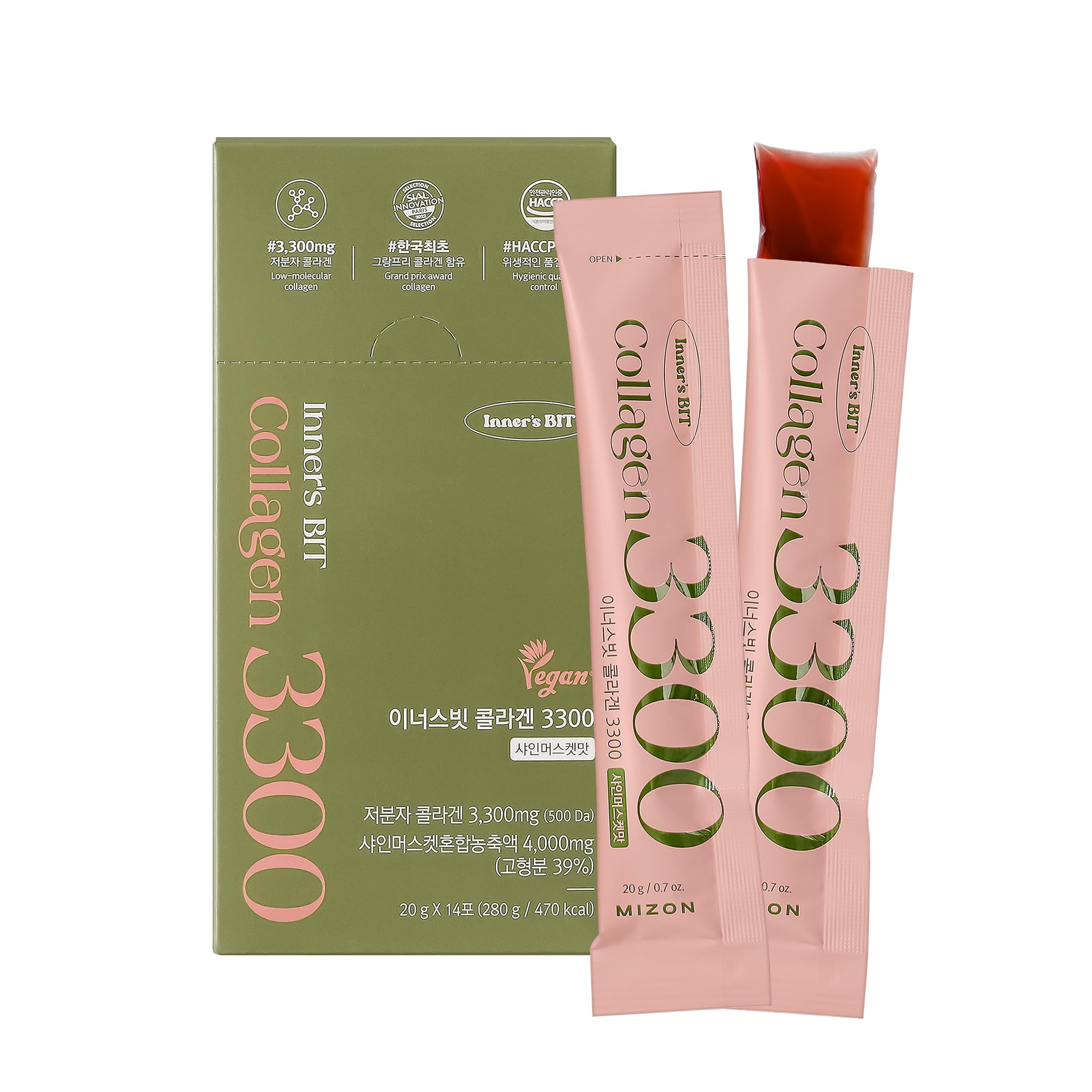 MIZON INNERSBIT Collagen Jelly 3300, 14 Sticks, Vegan Korean Snack 1 Pack