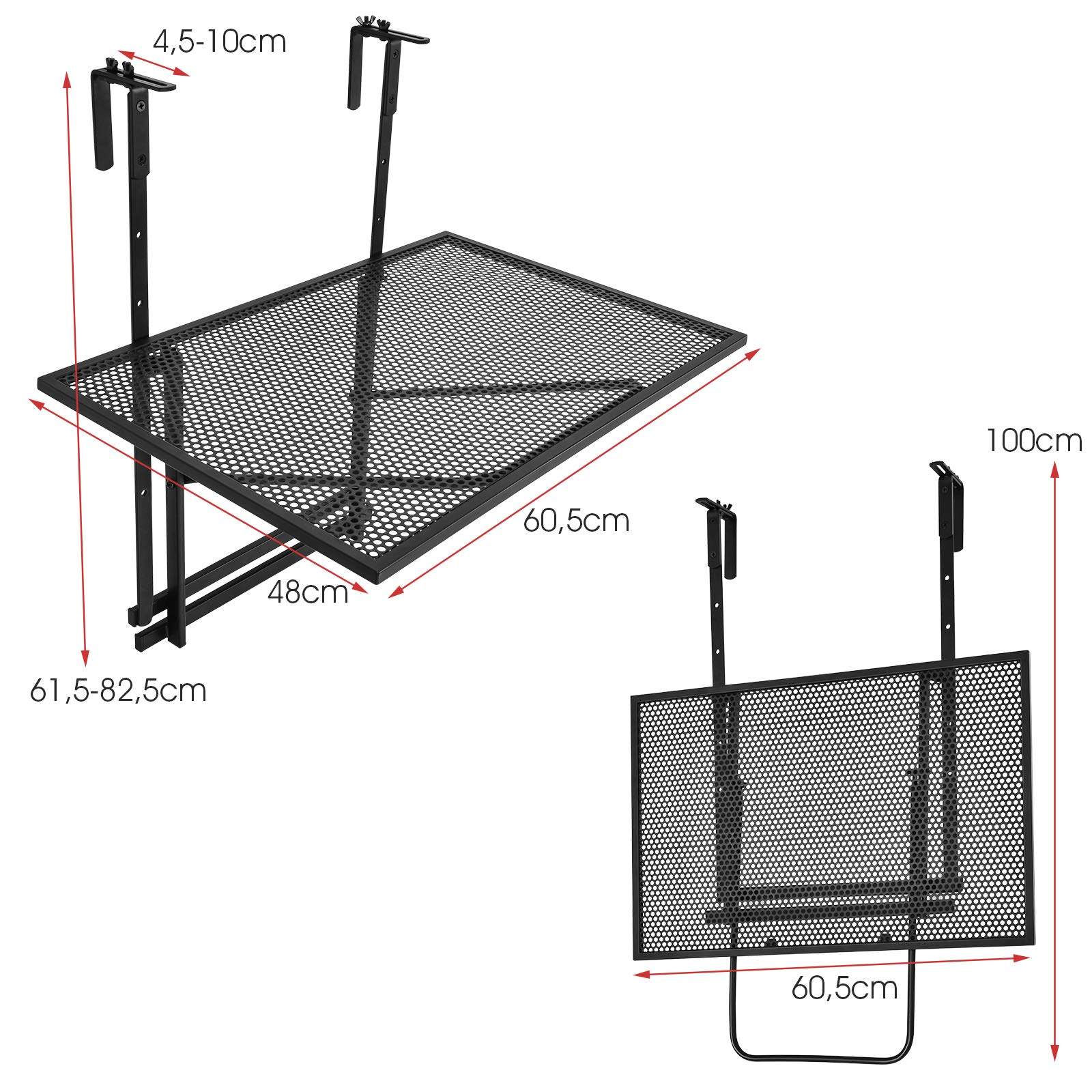 GOPLUS Table de Balcon Pliante, Table de Balcon Réglable en Hauteur, Table Suspendue en Fer, à Accrocher, avec Une Charge de 20 Kg, Résistante aux Intempéries, pour Balustrade de Balcon