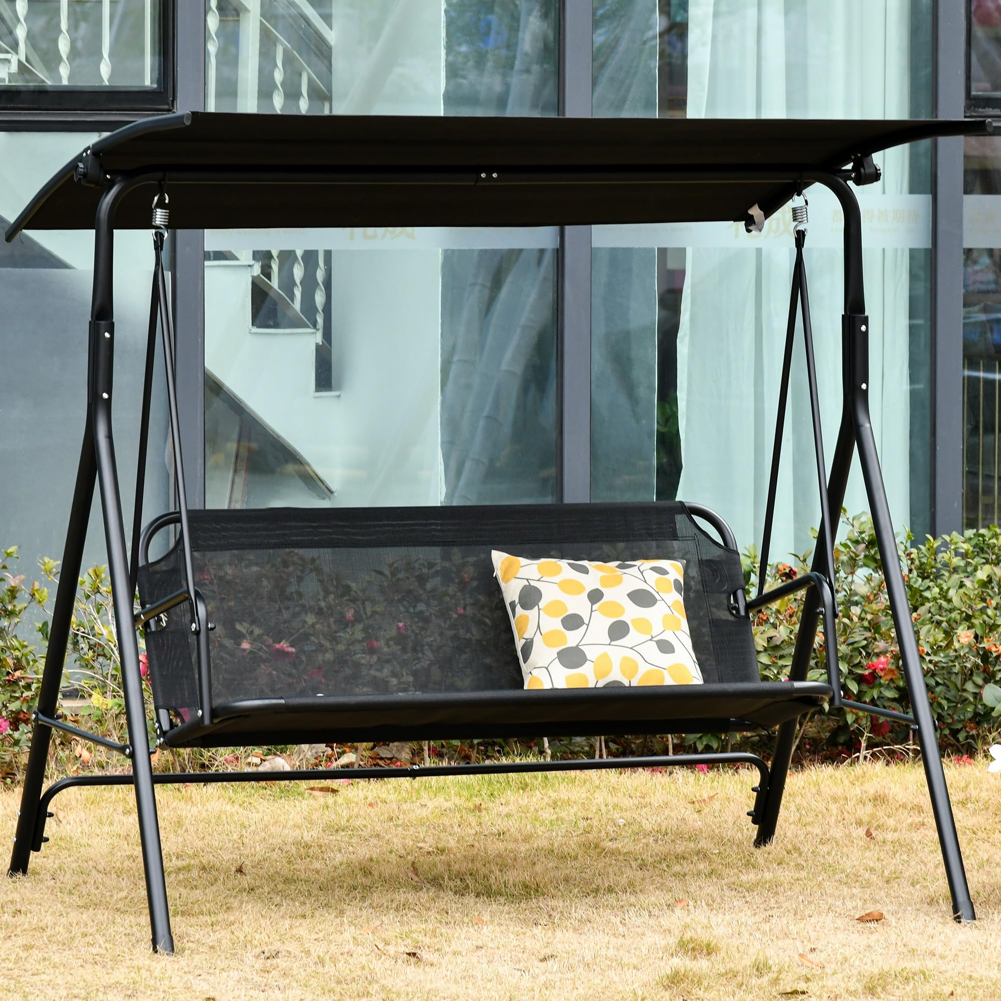 Outsunny Balancelle de Jardin 2 Places, Toit Inclinaison réglable, Structure Acier, 172x110x155 cm, Noir