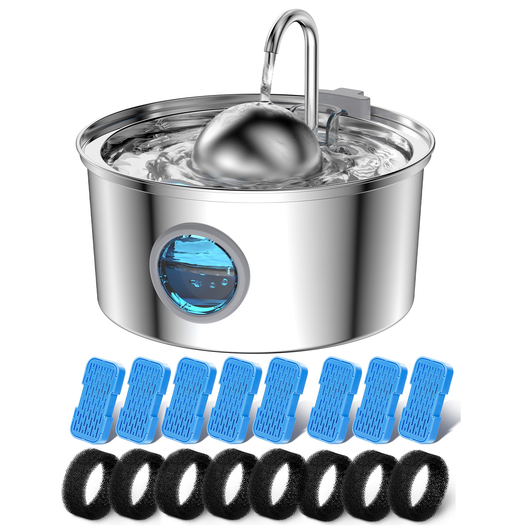 AONBOY Cat Water Fountain with 16 Filters, 108oz/3.2L Cat Fountain Stainless Steel, Includes 8 Carbon Filters and 8 Sponge Filters, Faucet Shape Dog