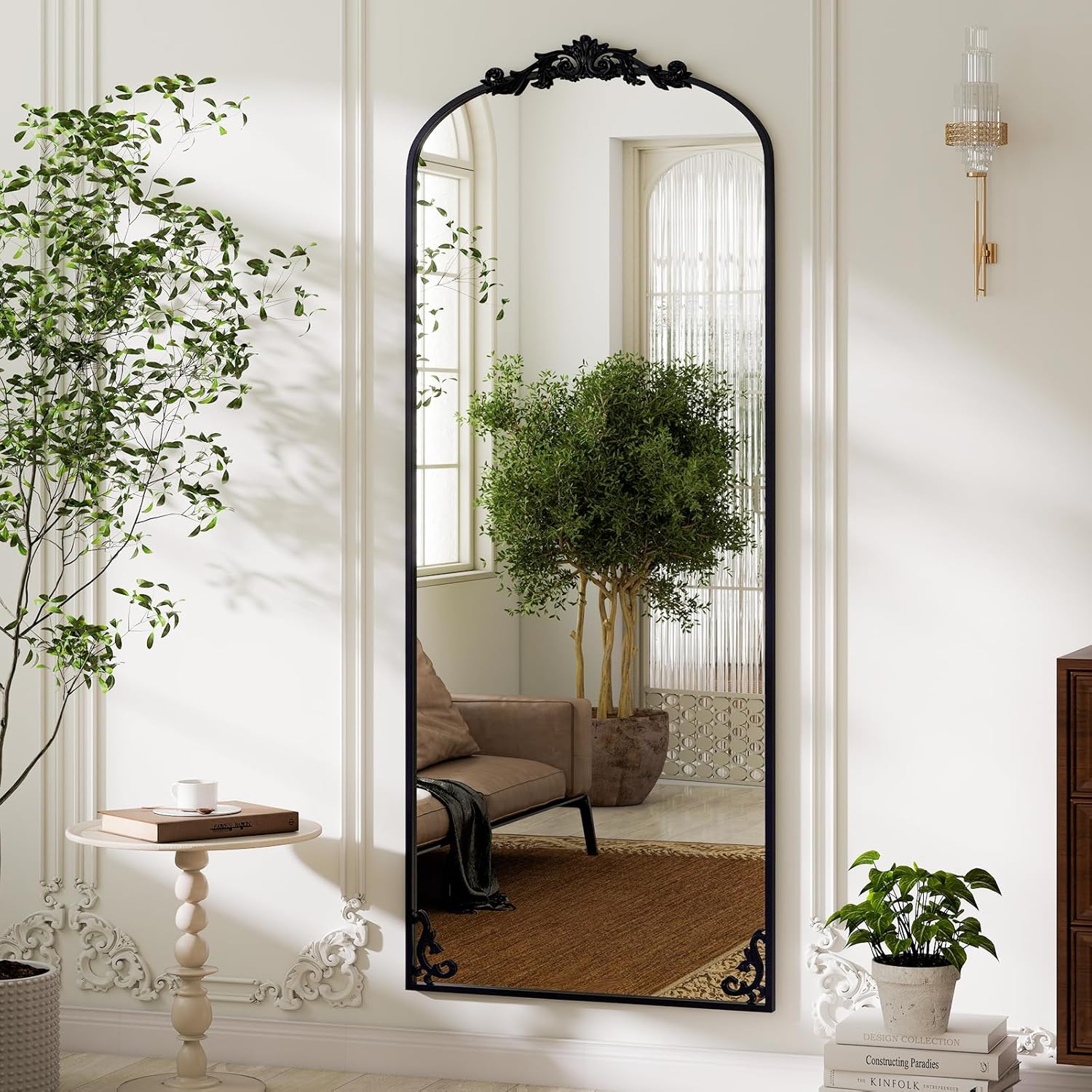 GLSLAND 56"x21"Vintage Full Length Mirror - Carved Arched Floor Mirror Baroque Full Body Mirrors for Bedroom Living Room Entryway,Black