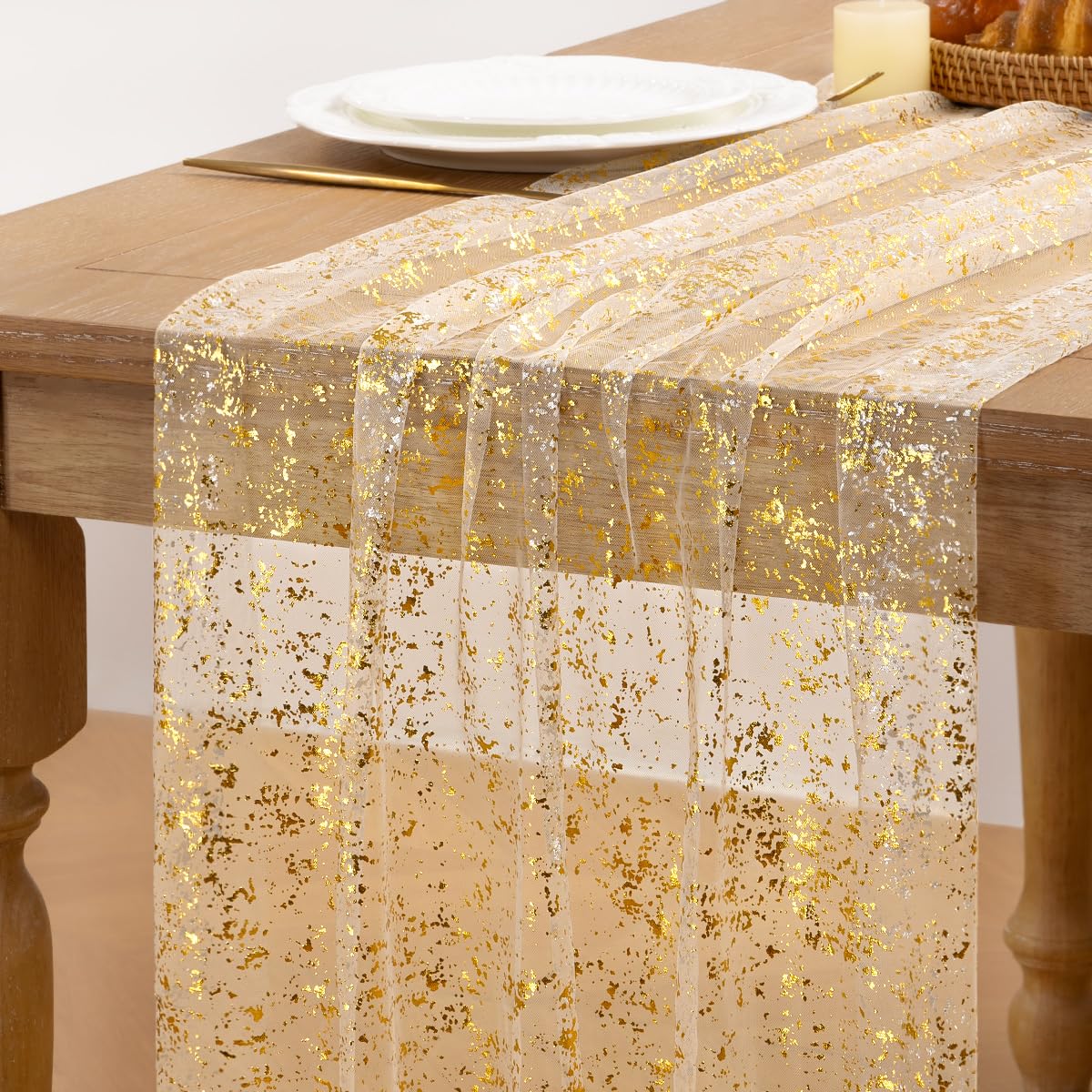 Beige Gold Glitter Table Runner Sheer Gauze Foil Table Runner 120 Inch