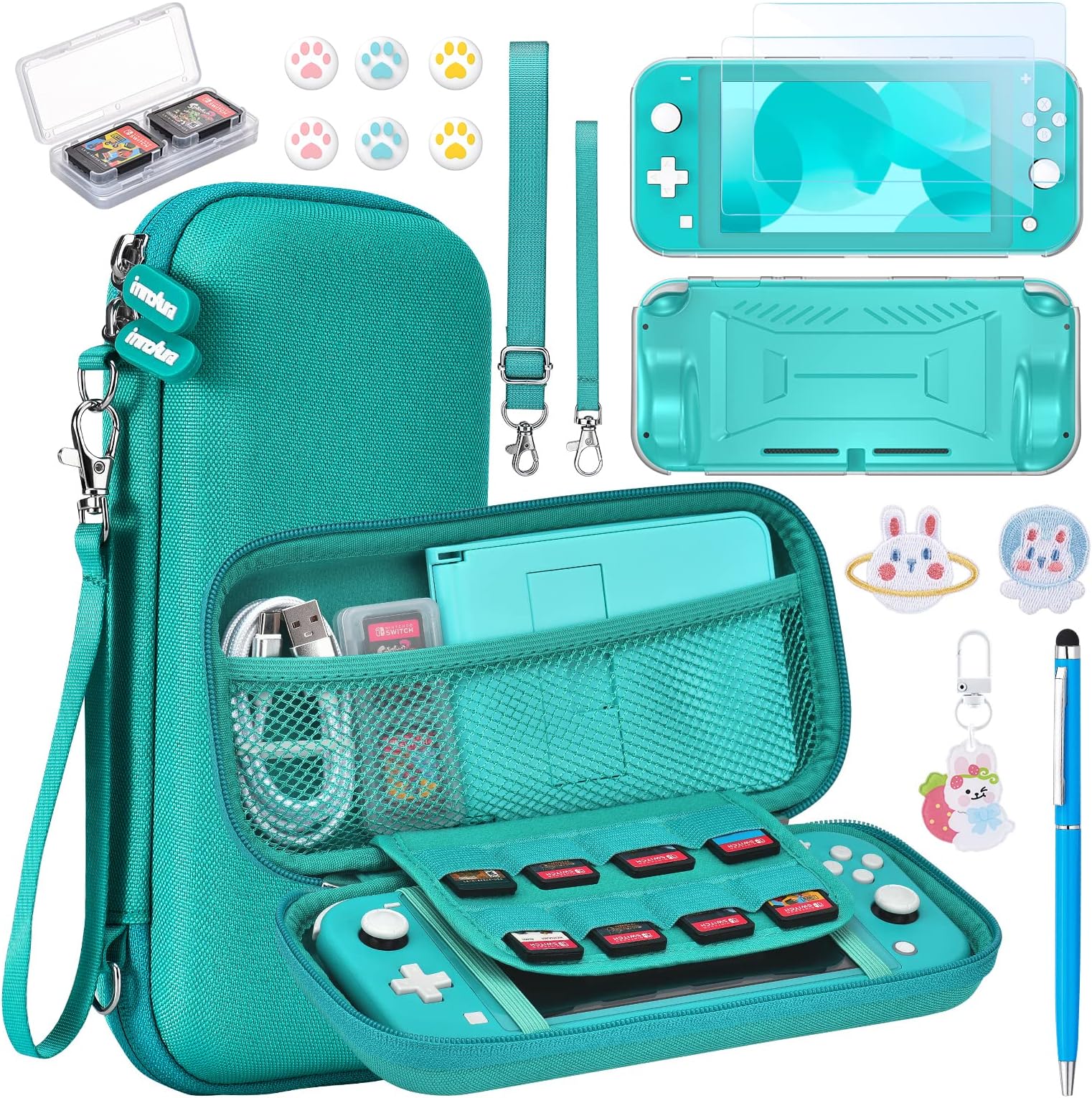 innoAura Switch Lite Case - 15 in 1 Switch Lite Accessories Bundle with Switch Lite Carrying Case, Switch Game Case, Switch Lite Screen Protector, Switch Stand, Switch Thumb Grips (Turquoise)