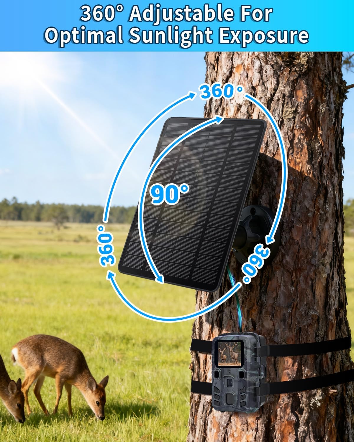 Trail Camera Solar Panel, 3W Solar Panel Charger with 5000mAh Battery and 12V/1A 6V/1.5A USB-C & DC Port 9.8ft Cable, IP65 Waterproof Solar Panel for Trail Camera,Game Cameras, Hunting Accessory
