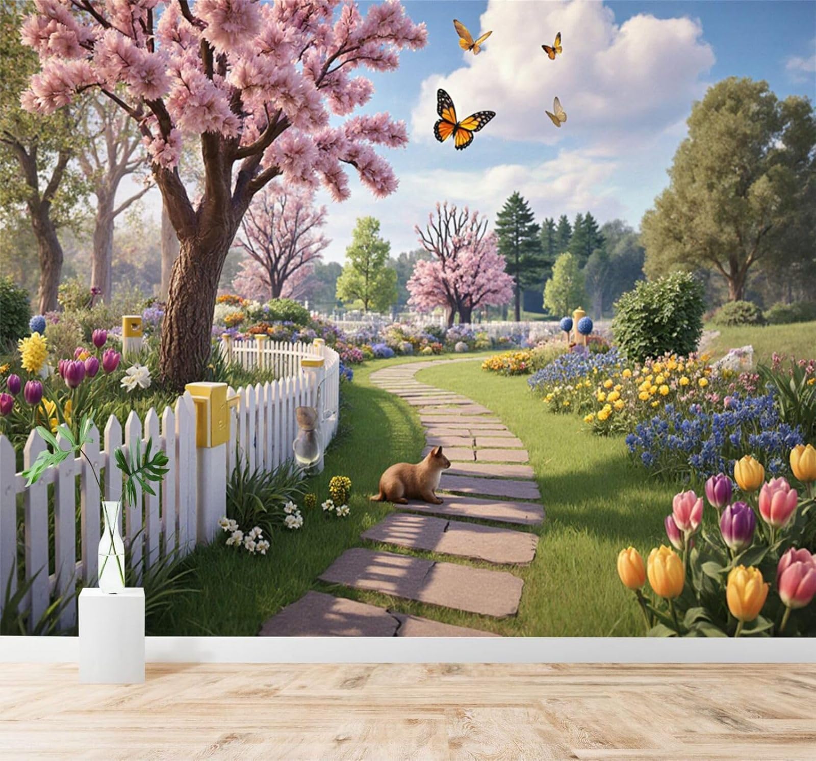 XLMING Spring Garden Path Cherry Blossoms Tulips Butterflies 3D Wallpaper Silky Texture Home Study Office Grey Dining Room Sofa Bedroom Living Room TV Backdrop-400cm×280cm