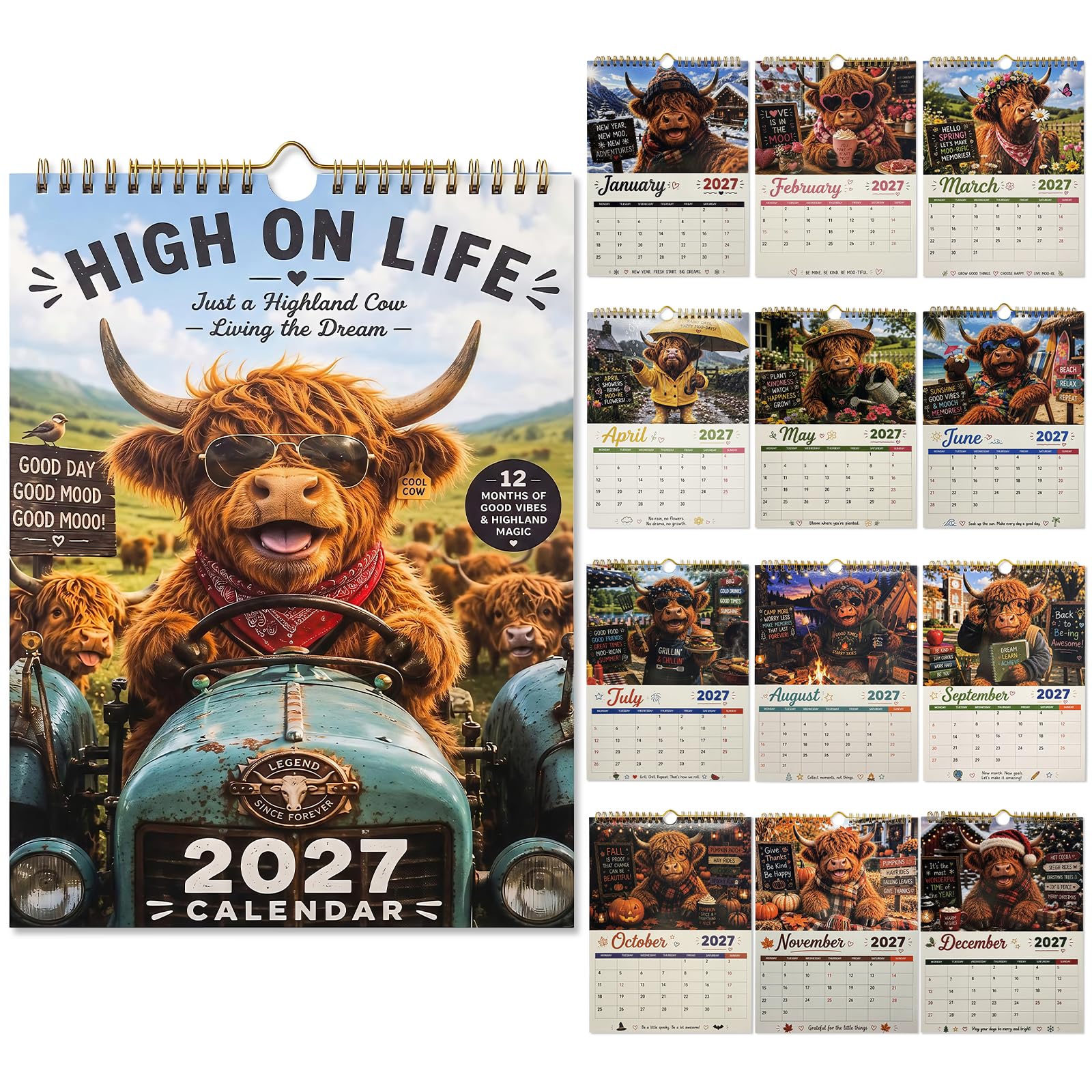 2027 Highland Cow Calendar Funny Highland Cow Wall Calendars (Style-A)