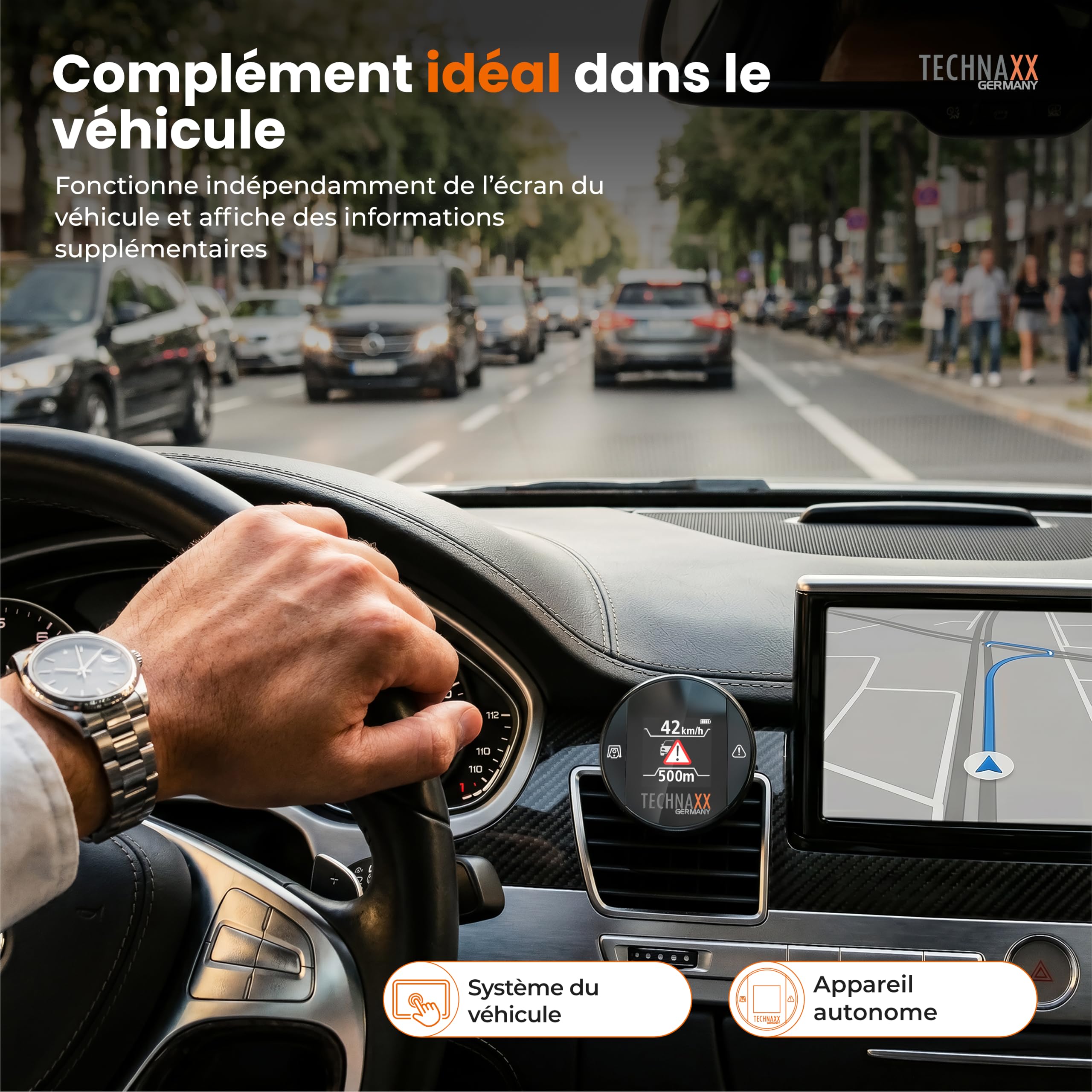 Technaxx détecteur de Radar avec Blitzer.de– Dispositif d’Alerte routière avec écran, alertes de Vitesse et de Danger, Affichage en Temps réel, Compatible Apple CarPlay et Android Auto – TX-388