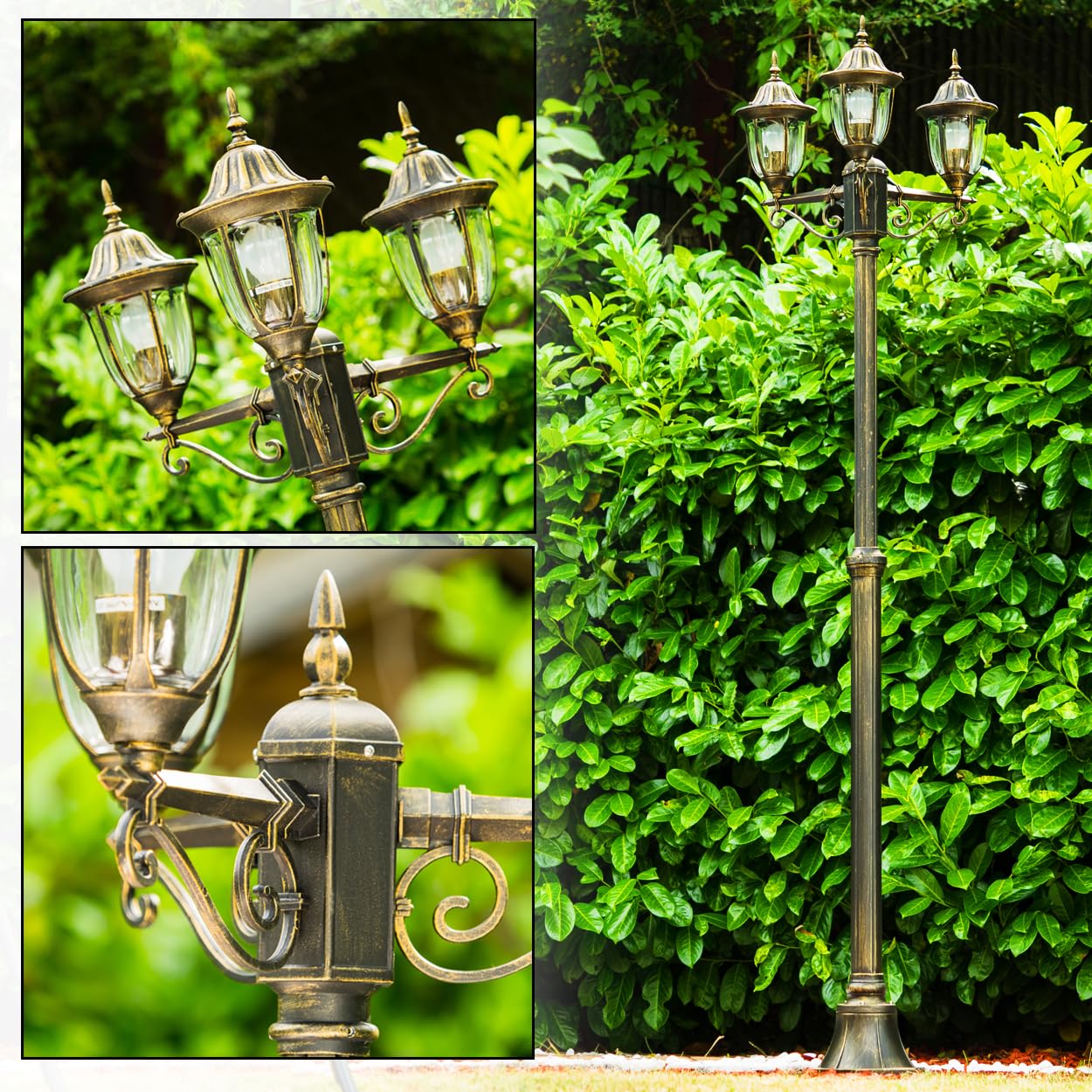 Outdoor lamp Ribadeo, Candelabra in Antique Look, cast Aluminium in Black/Gold with Clear Glass panes, 3-arm Path Light 225 cm, Retro/Vintage Garden lamp, E27 Socket, IP44, Without Bulbs