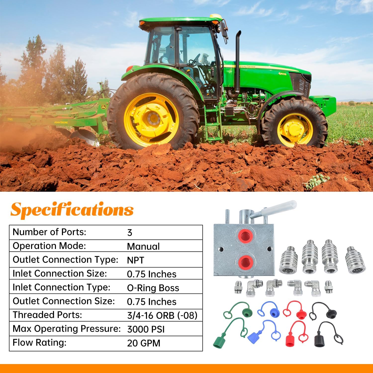 Manual Hydraulic Multiplier SCV Splitter Diverter Valve - for Double/Single-Acting Cylinders, 3000 PSI, 20 GPM Flow, 45° Quick Switch, Leak-Proof 3/4-16 ORB (-08) Thread with Coupler Fitting