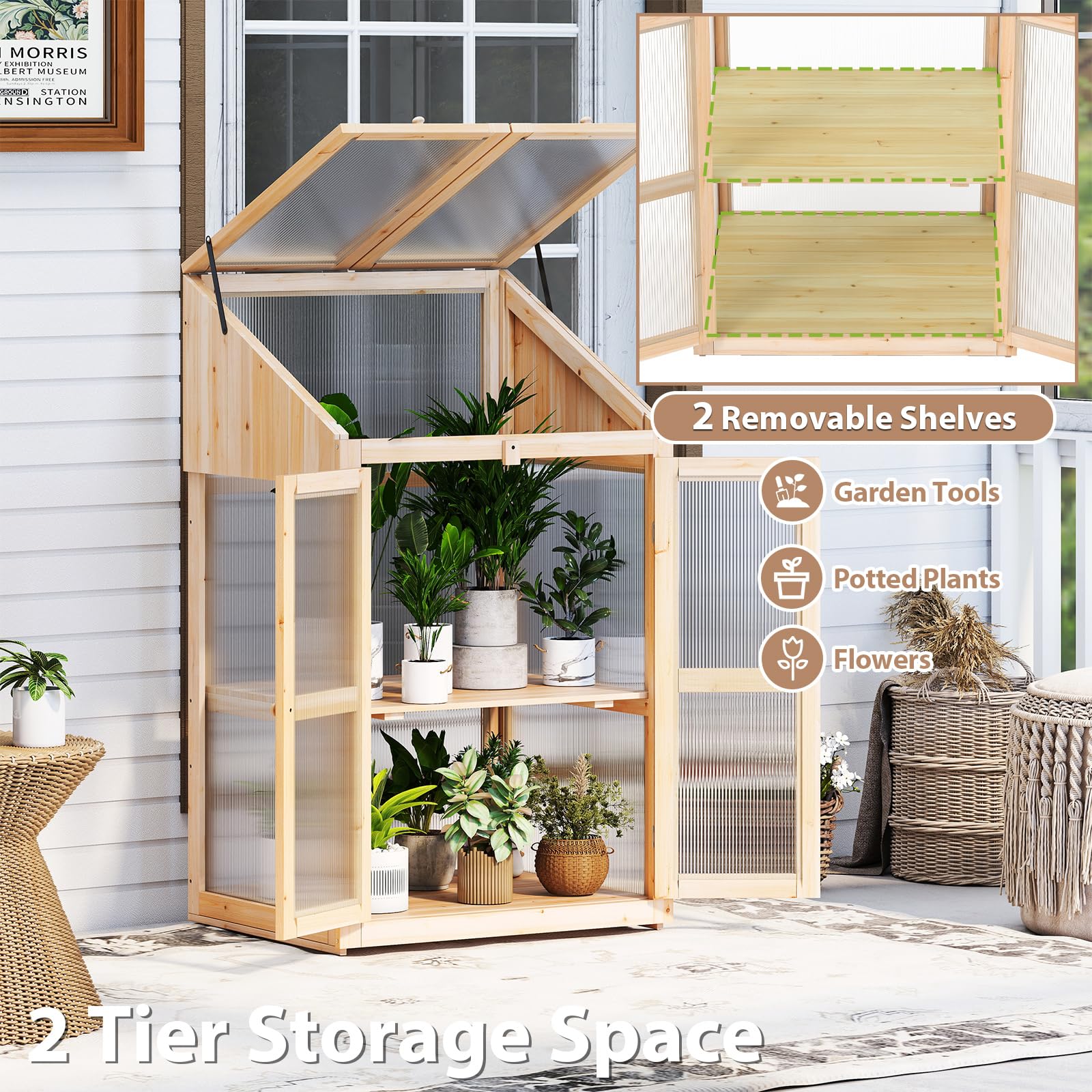 HOMASIS Serre de balcon en polycarbonate et verre, mini serre de jardin avec 2 étagères et portes, serre de terrasse en bois de sapin (naturel, 69 x 58 x 121 cm)