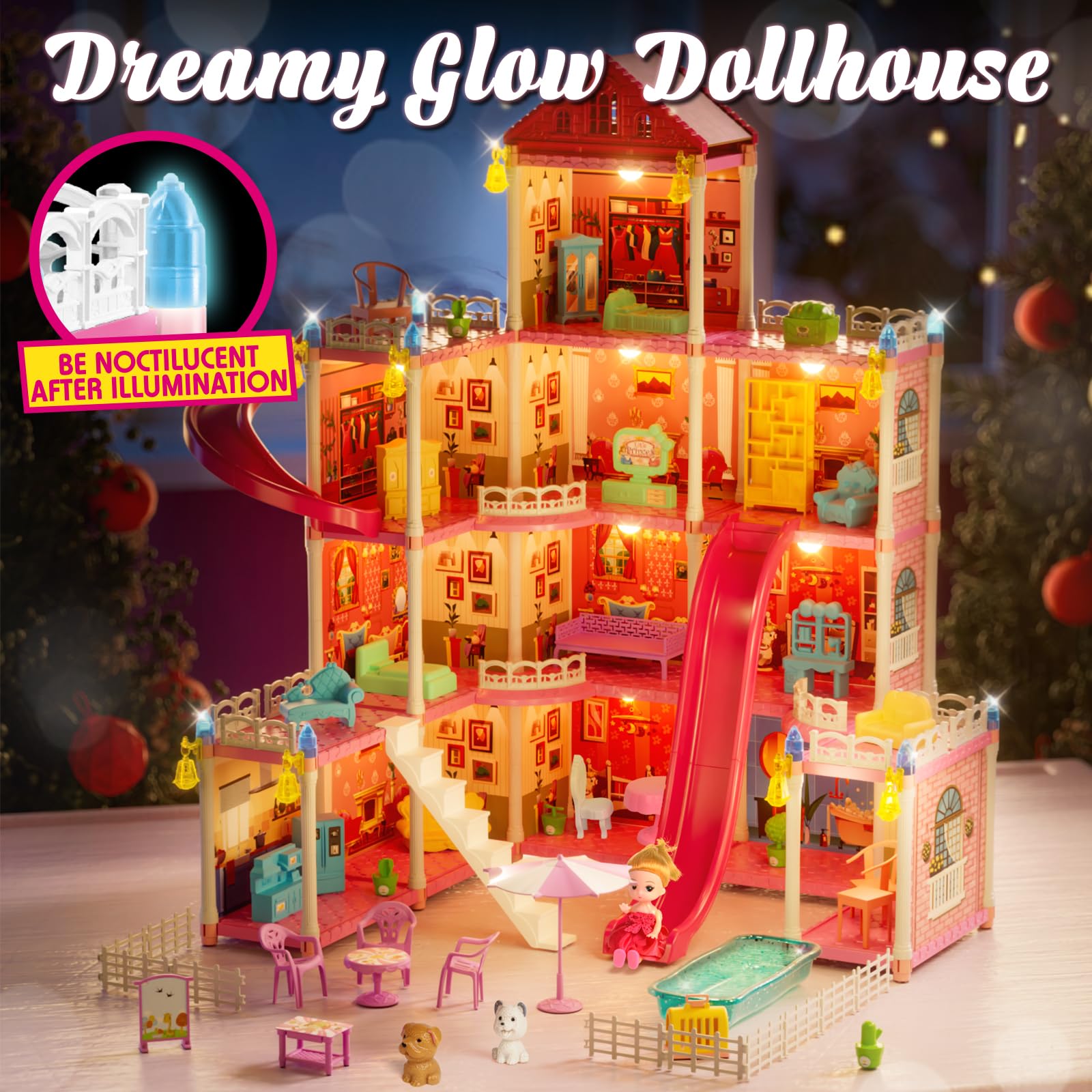 Lehoo Castle Doll House Dreamhome, 4-Story 12 Rooms Dollhouse Playhouse with Doll and Furniture, Pretend Dream Dollhouse Playset Pink Girl Toys, Sturdy Construction, Easy to Move, Ideal Gift Toy