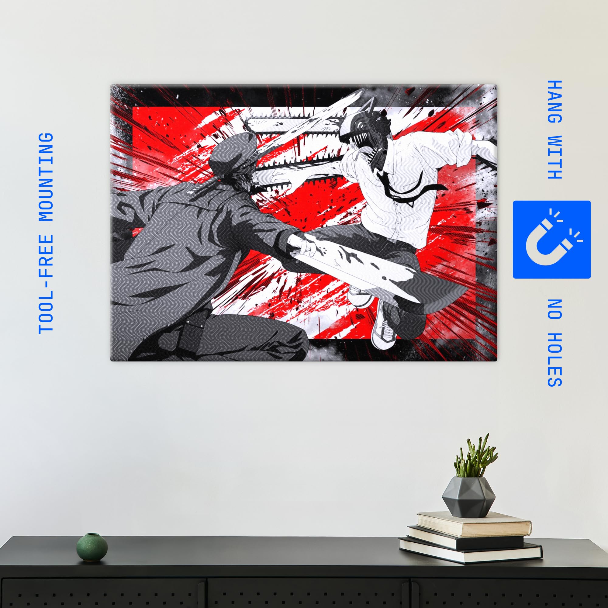 Displate Metallposter Chainsaw Man vs Katana - Man Red Brutal Combat - Wanddeko Poster für Schlafzimmer Magnetische Befestigung 48 cm x 67.5 cm