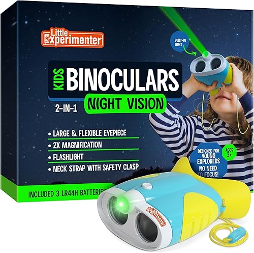 Little Experimenter Binoculares de visión nocturna para niños pequeños y niños, luz de flash y goma cómoda para la cara, ideas, juguetes al aire