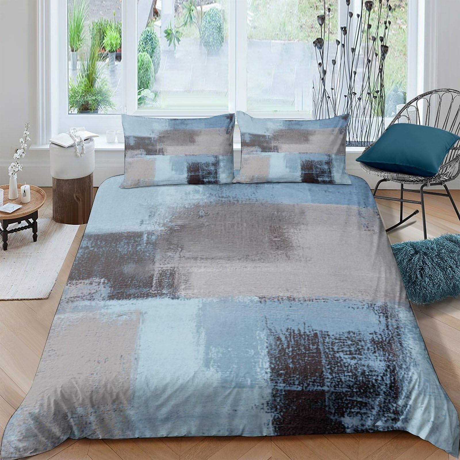 Ctjqhvkz Style-2 3D Printed Blue Grey Abstract Fitted Sheet Microfiber Soft Bedroom Decor Geometric Patchwork Mattress Cover Single（135X200cm）