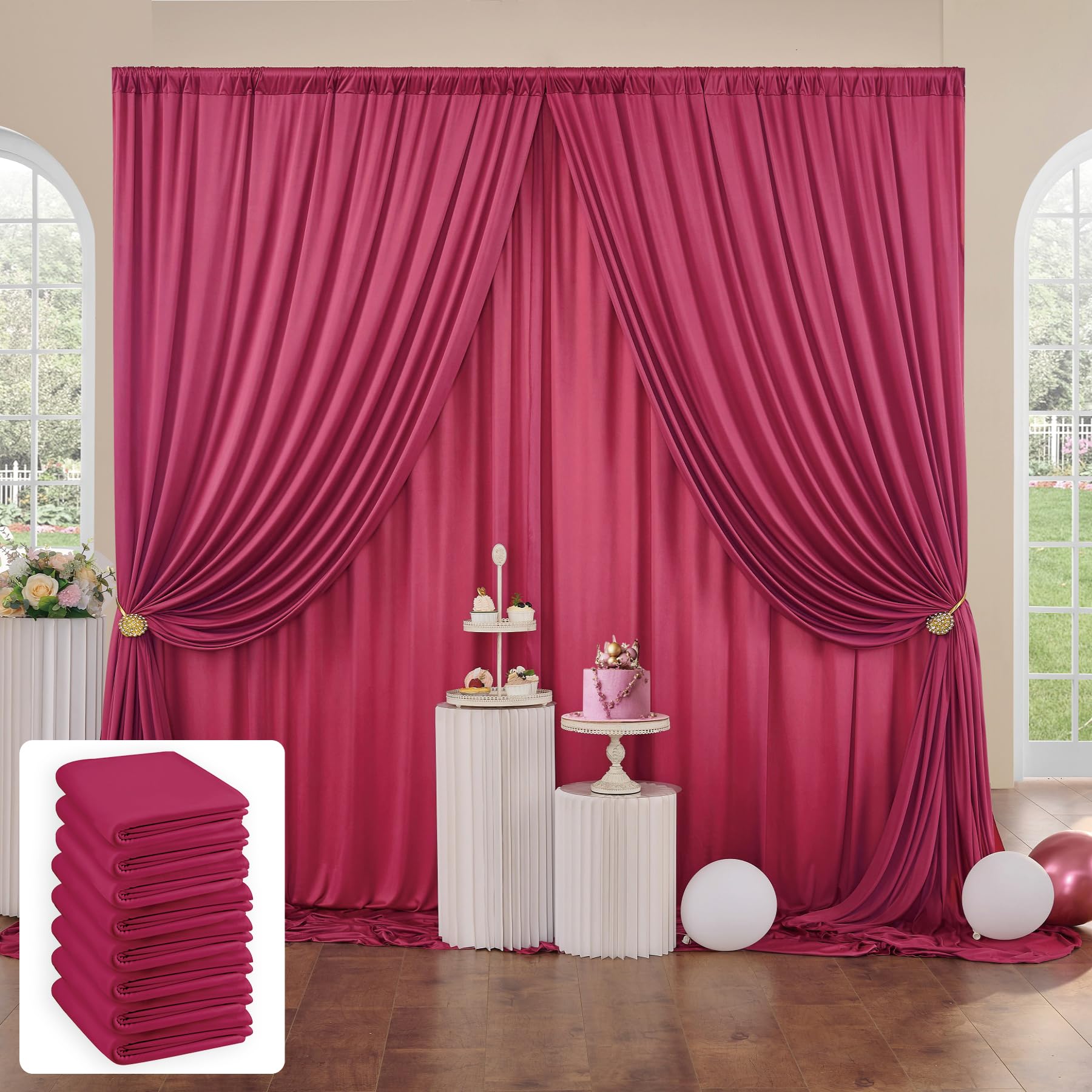 40 ft x 10 ft Wrinkle Free Maroon Backdrop Curtain for Parties, Polyester Burgundy Photo Backdrop Drapes 8 Panels 5x10ft for Baby Shower Wedding Birthday Party Engagement Ceremony Decoration