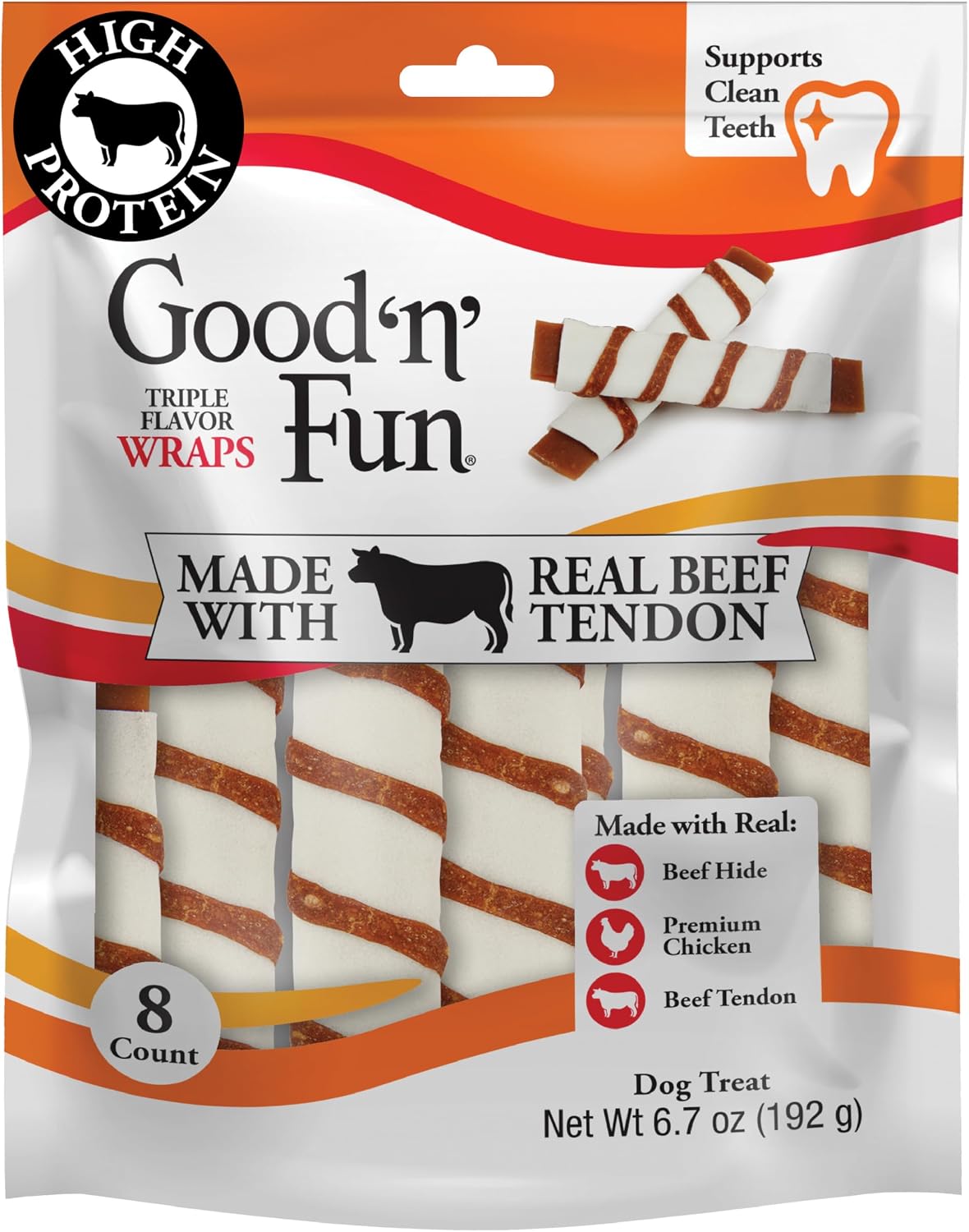GOOD 'N' FUN Wraps High Protein Dog Treat with Real Beef Tendon, 8 Count