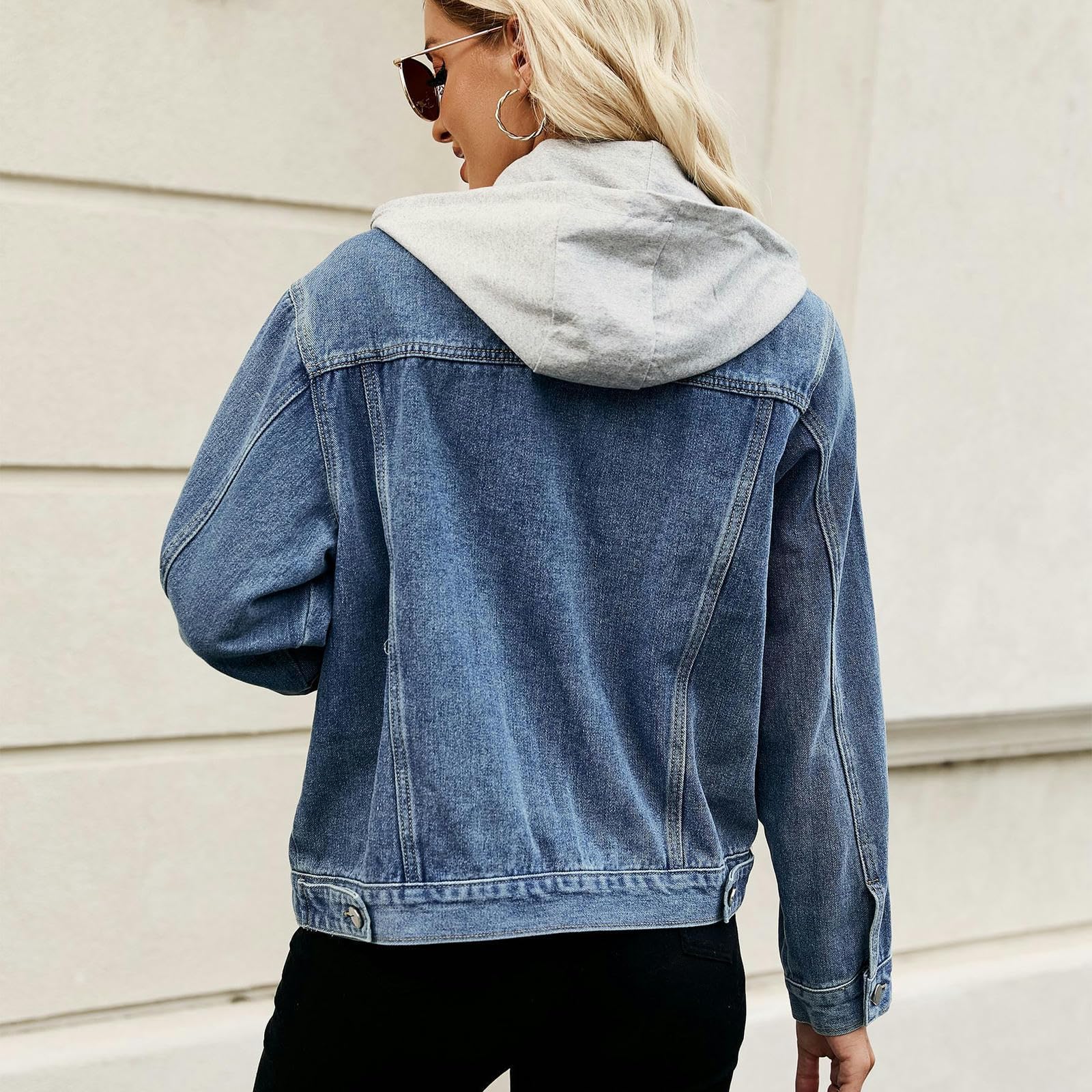 Giacca Jeans Donna Giacca di Denim Femminile, Giacca di Revers A Maniche Lunghe, Giacca di Denim Lavato Corto Top-Cappuccio Blu Rimovibile-L