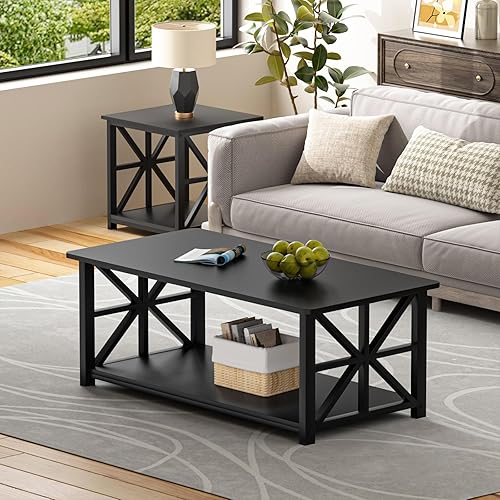 Miniatura 11 de GreenForest Mesa auxiliar con esquina redonda, mesa central de granja con estante de almacenamiento de 2 niveles, diseño de marco en X para sala de