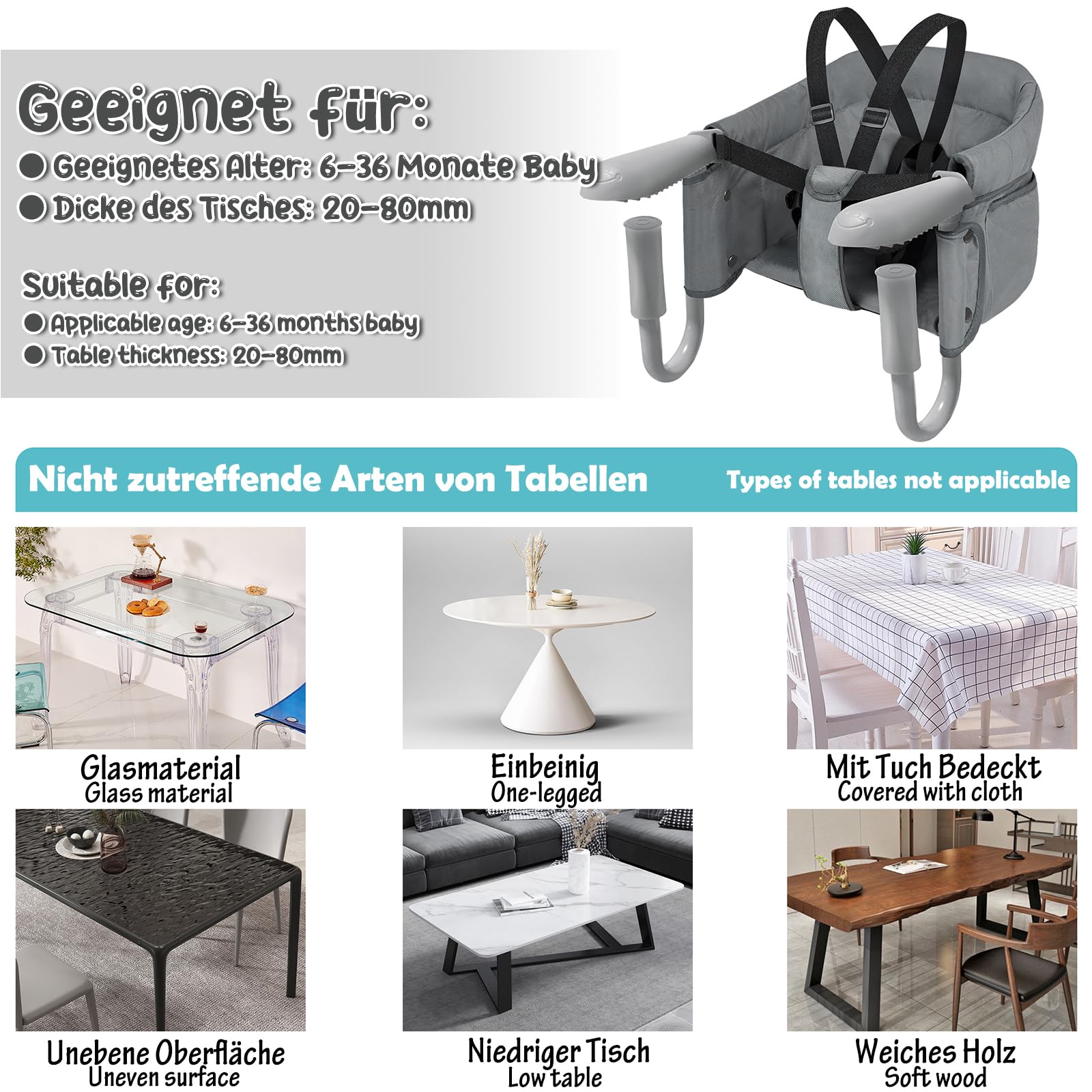ACXIN Siège de table pour bébé - Chaise haute avec sac de transport - Chaise haute mobile pour enfant de qualité supérieure - Pour restaurant, voyage, etc. - Charge maximale : 15 kg - Gris