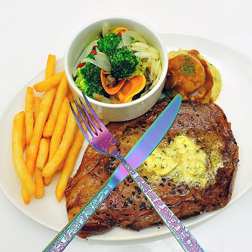 Miniatura 3 de XIANGEN Juego de vajilla de color de alta gama, 16 piezas de acero inoxidable arco iris, juego de vajilla con patrón, sirviendo a 4 personas, pulido