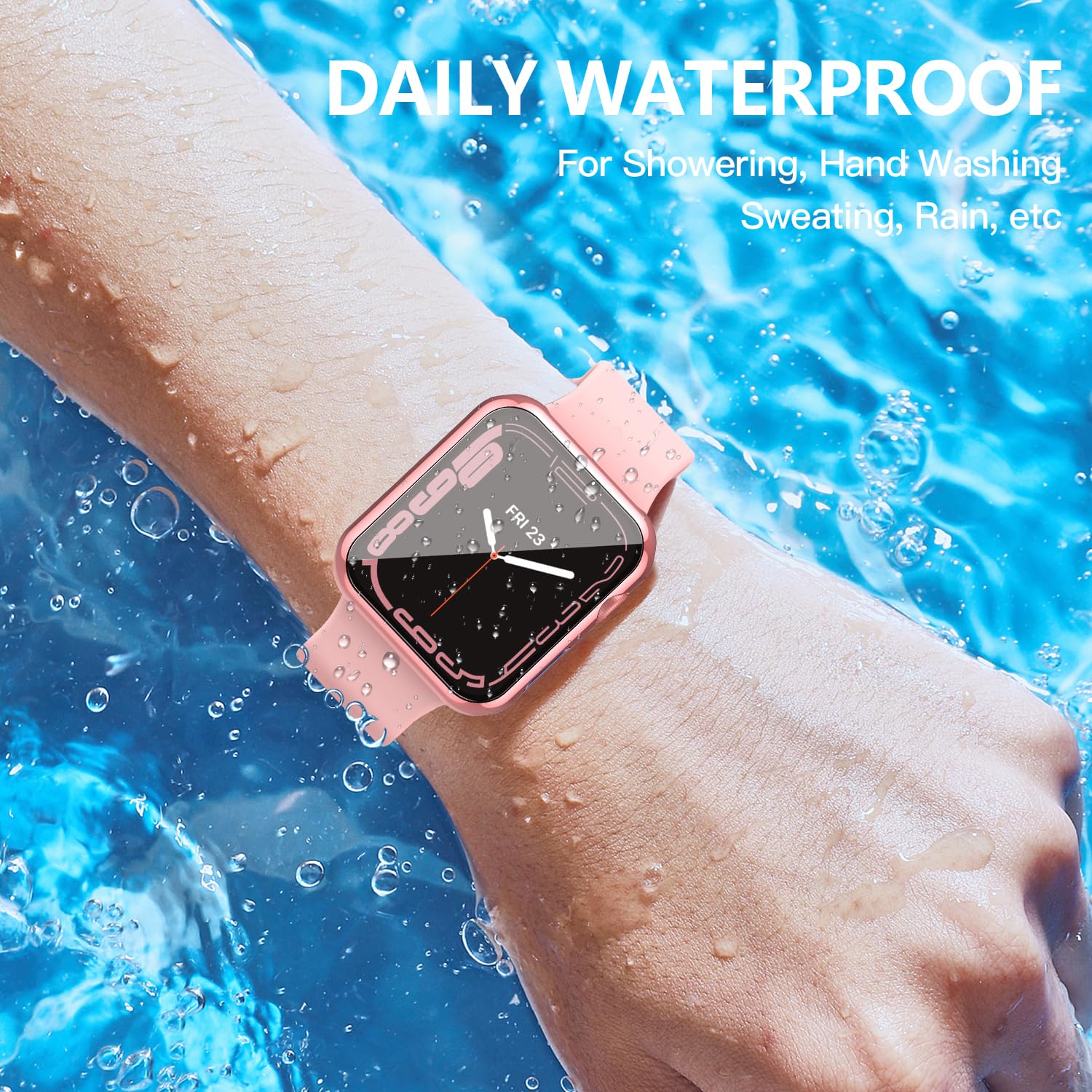 Misxi Wasserdichte Schutzhülle mit Knopf für Apple Watch Serie 9 (2023) Serie 8 Serie 7, 41 mm, harte PC-Abdeckung mit Displayschutzfolie aus gehärtetem Glas für iWatch, 1 Rose Pink + 1 Transparent
