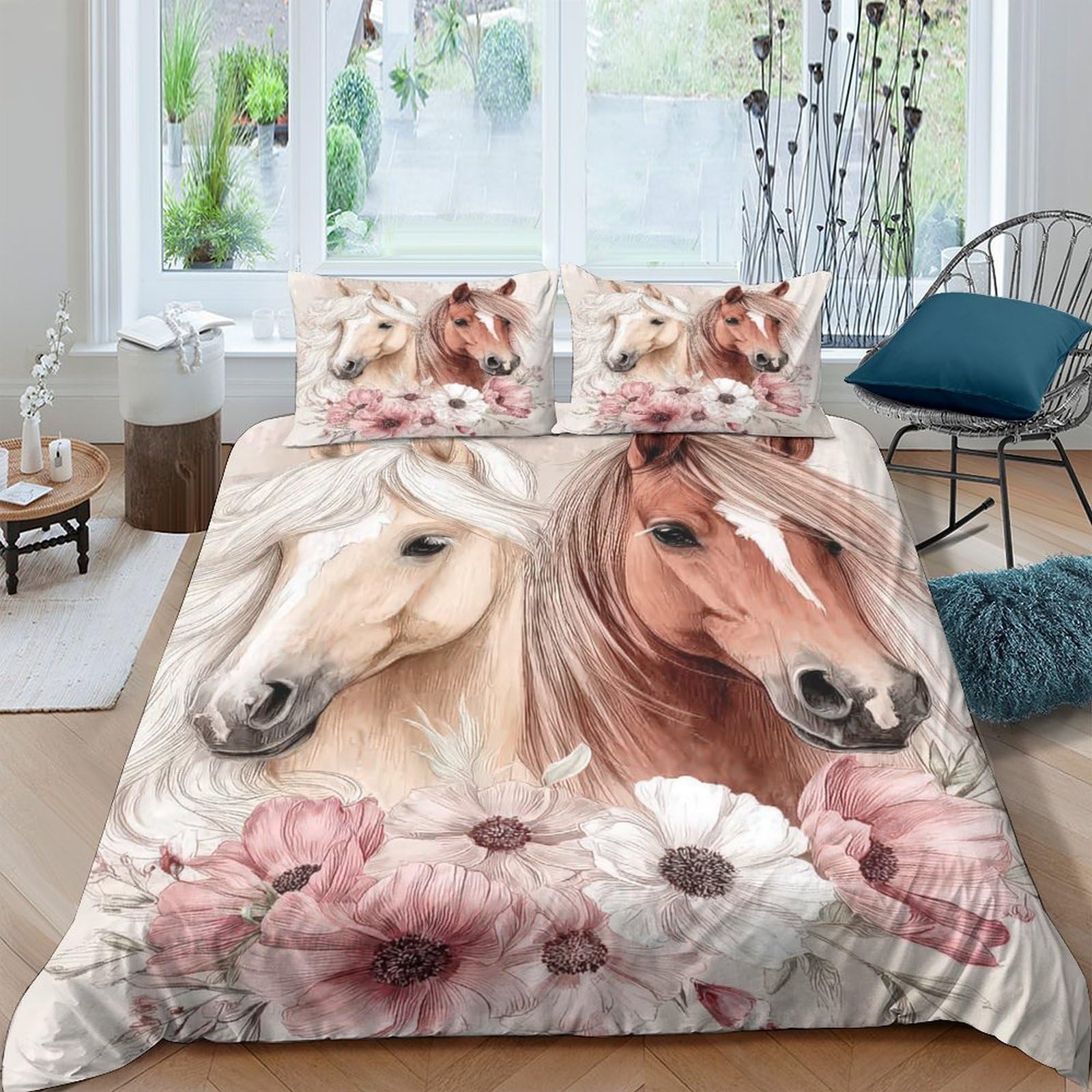 Ctjqhvkz Style-8 3D Printed Horse Pastoral Fitted Sheet Microfiber Soft Breathable Floral Pony Bed Sheet For Bedroom Decor Single（135X200cm）