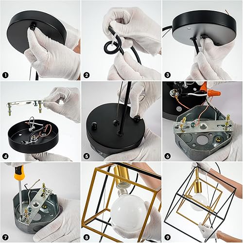 Miniatura 8 de SHANSRUI Lámpara de araña geométrica moderna, lámpara colgante de metal con 1 luz, lámpara de techo colgante de latón negro, iluminación industrial