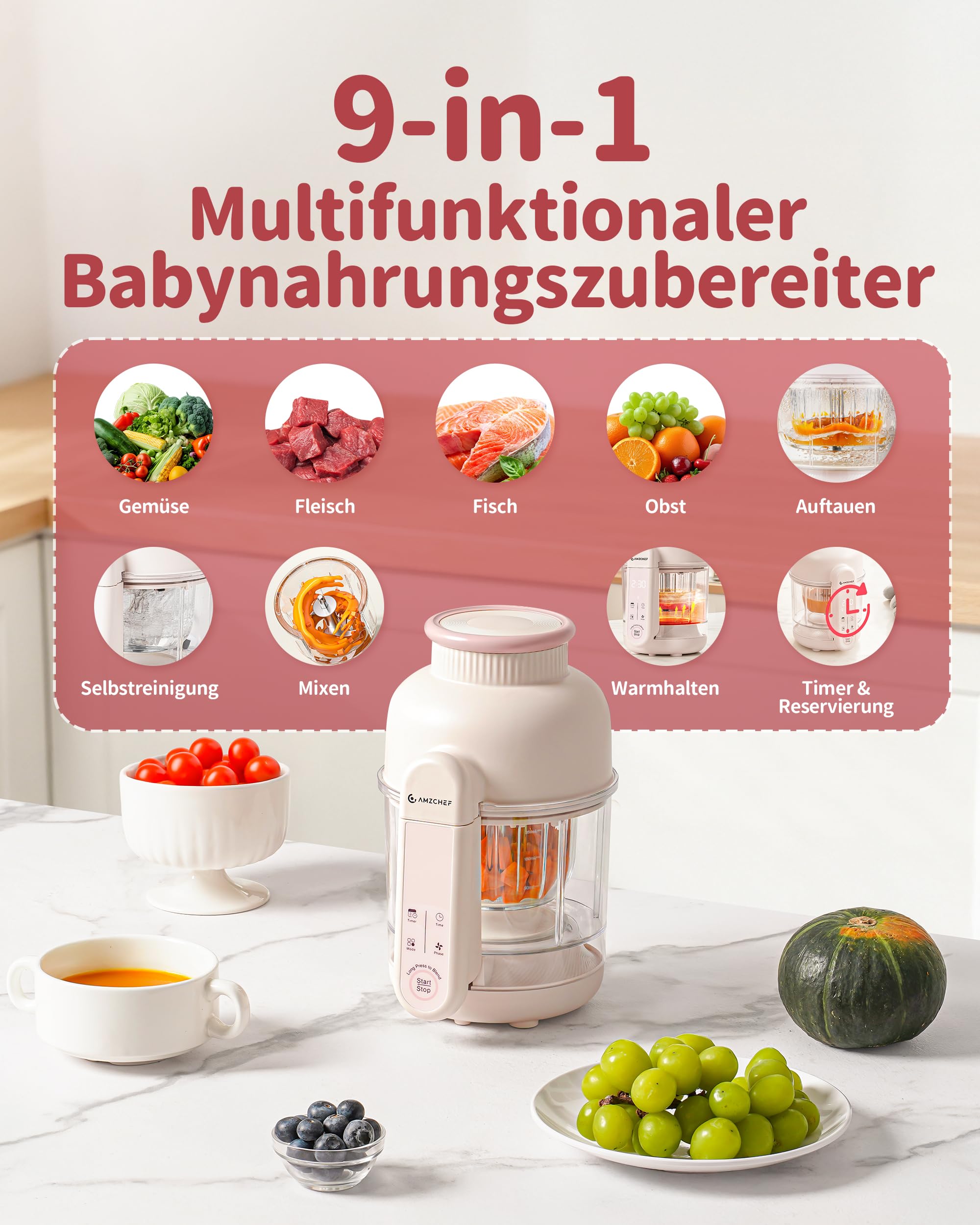 AMZCHEF Babynahrungszubereiter mit Dampfkorb – 6-in-1 Automatisches Kochen & Mixer mit Altersauswahl und Timer, Babybrei Zubereiter für verschiedene Zutaten, spülmaschinenfest und BPA-frei