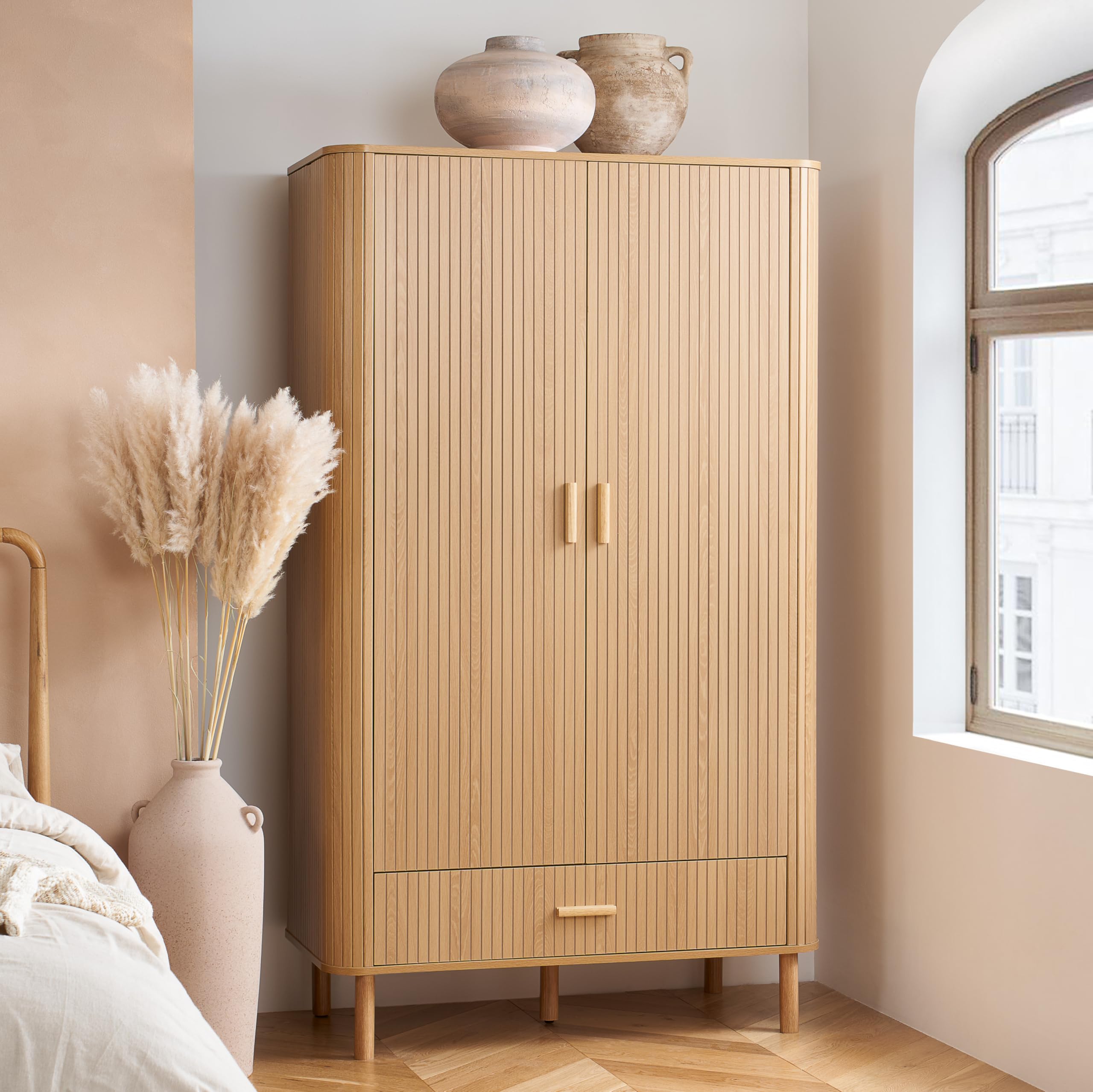 Birlea Brown 2 Door 1 Drawer Oak Wooden Fluted Wardrobe Axel