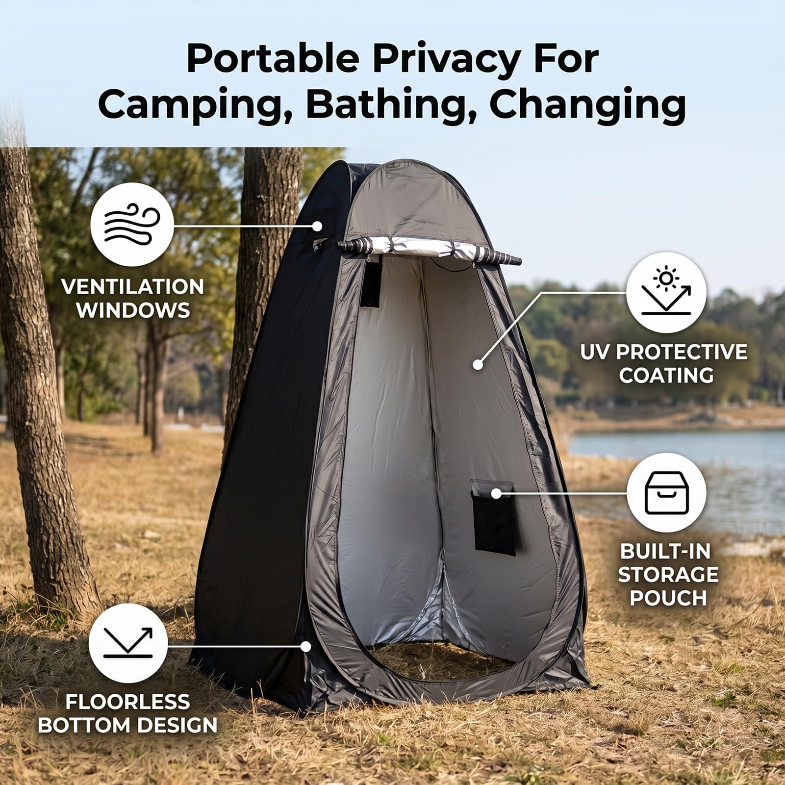 Fockety Przenośny Namiot Prysznicowy, Dużo Miejsca Lekki Namiot do Natychmiastowej Zmiany Prysznicowy Typu Pop-up Zapewniający prywatność na Kempingu z torbą do Noszenia na