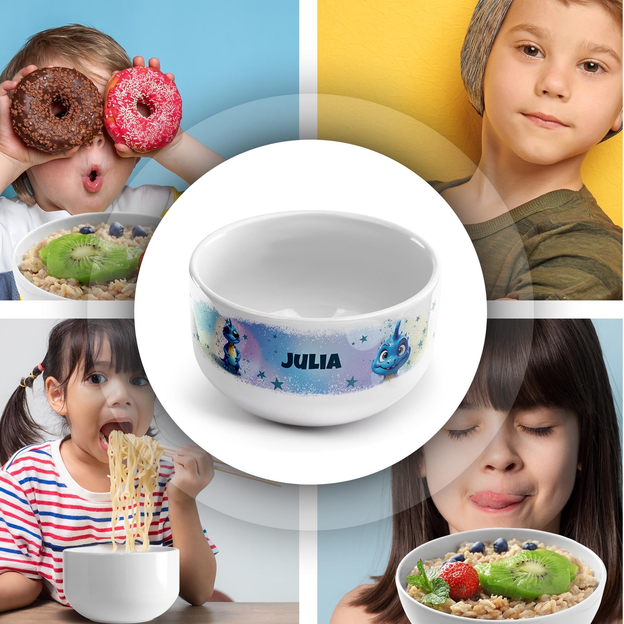 Print Royal PR Kinder-Müslischale mit Name personalisiert - Blauer Dino - Geschenk für Mädchen und Jungen, Kindertag, Weihnachten, Geburtstag | Keramik Schüssel selbst gestalten, 500 ml