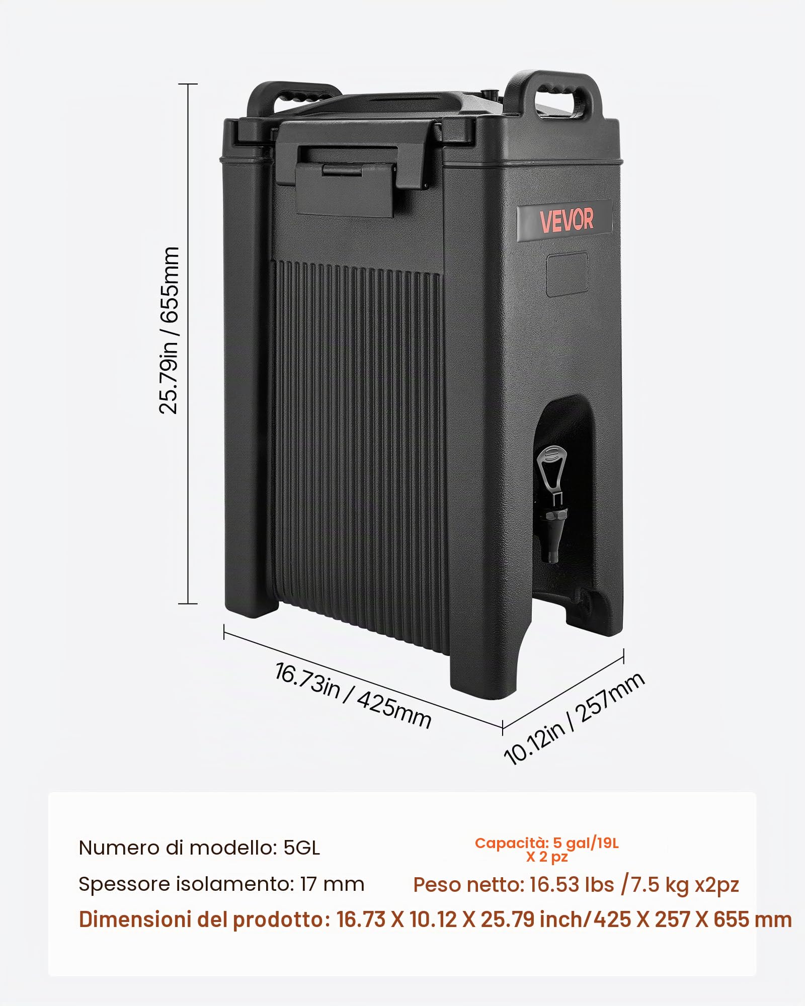 VEVOR Distributore di Bevande Isolato da 19 L Distributore di Bevande Calde e Fredde con Rubinetto e Maniglia, per Tè, Caffè e Acqua in Bar e Ristoranti, 2 Pezzi, Nero, Isolamento a Lunga Durata