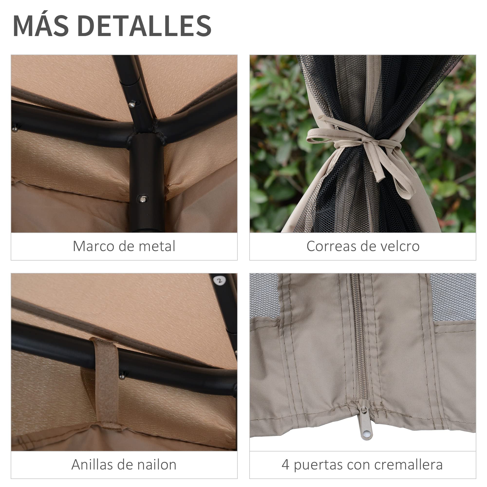 Outsunny Cenador de Jardín 3x3 m Pabellón de Exterior con Doble Techo de Ventilación 4 Cortinas Mosquiteras Laterales con Cremallera 8 Orificios de Drenaje Gazebo para Fiestas Patio Marrón Pardo