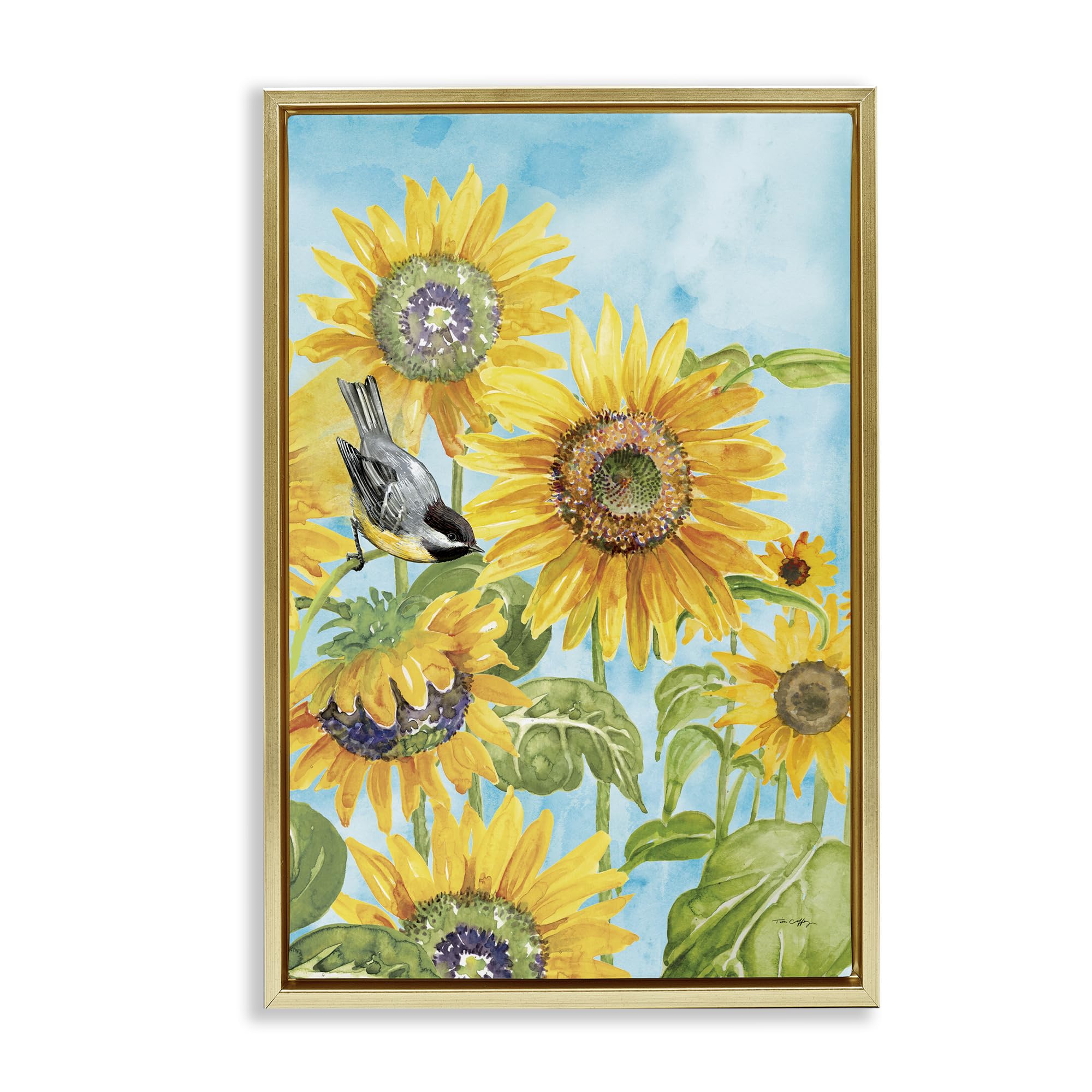 Stupell Industries Metallic Gold (Matte) Sunflower Honey Bird Floral Charm, 20 X 30 Inch Canvas In Floater Frame