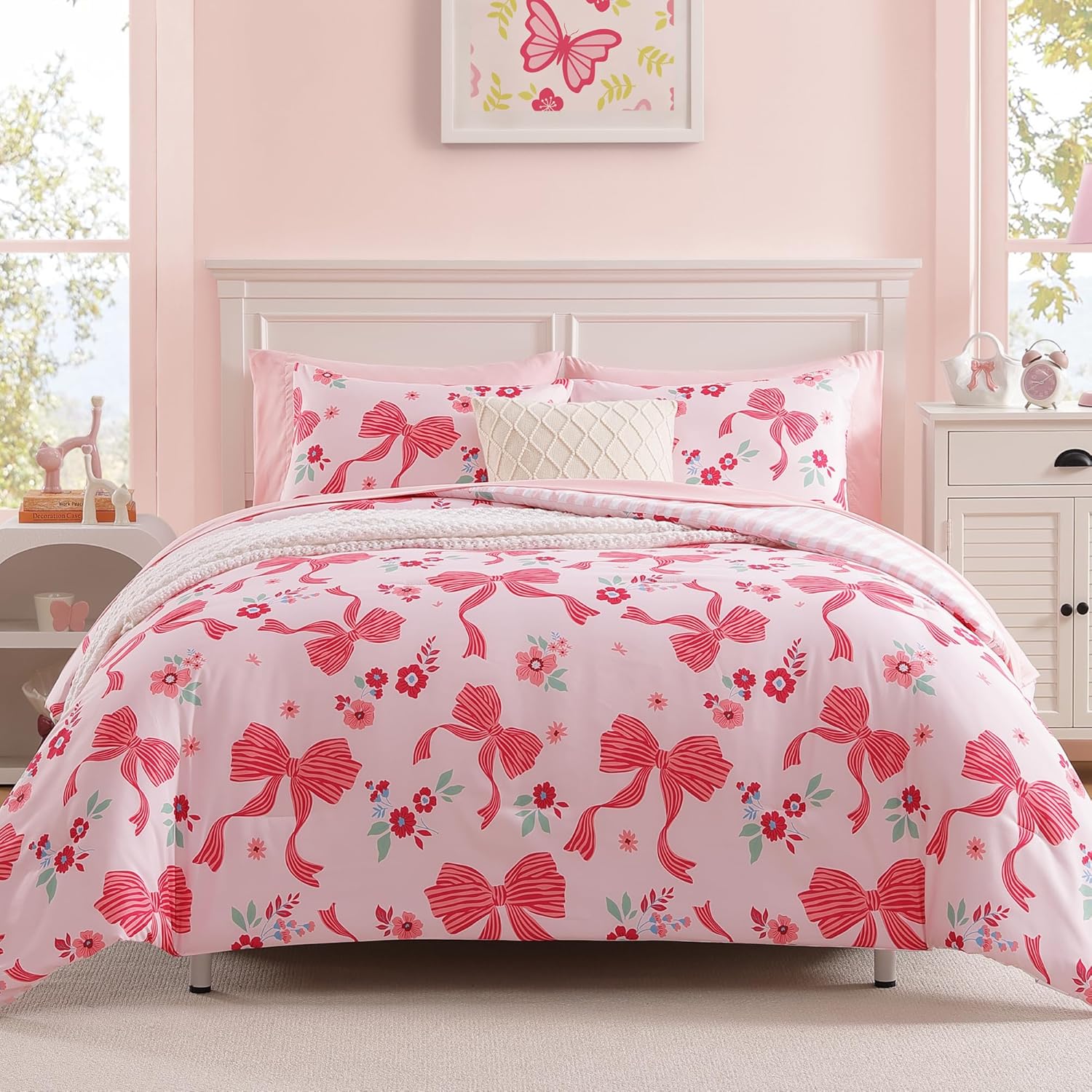 Twin XL Comforter Set for Girls, Pink Bow Bedding Set with Cute Floral, All Season Kids Dorm Bed in a Bag 5 Pieces with Sheets, Pillowcase & Sham - Image 5
