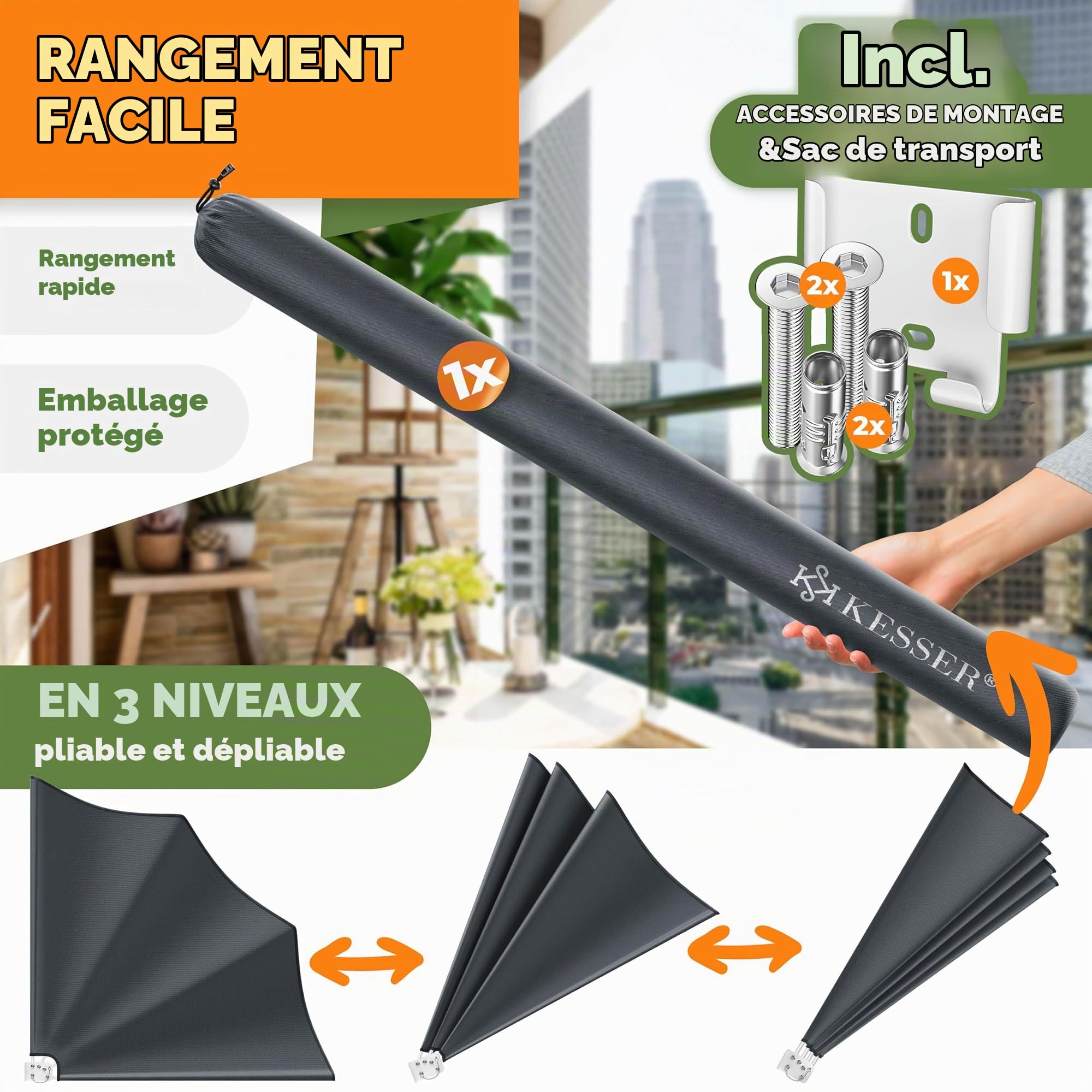 KESSER® Brise-Vues de Balcon Pliables avec Support Mural | 140x140 cm | Brise-Vue Balcon paravent | Pare-Vue pour Balcon | Store latéral | résistant aux intempéries | Anthracite