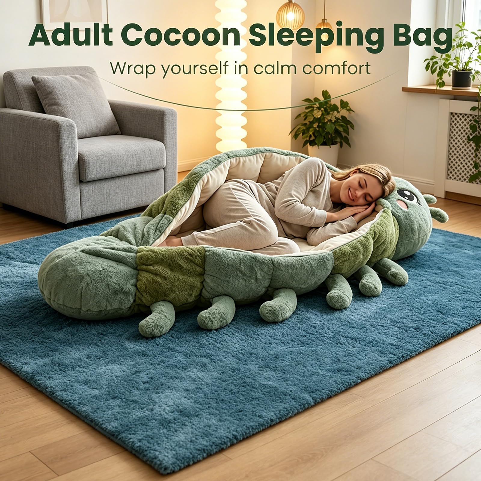 Hugging Caterpillar Sleeping Bag, Plush Cocoon Sleep Sack, Pull Cord Lounger for Adults, Cozy Hooded Nap Pod, Full Body Animal Floor Pillow, Washable Warm Snuggle Sack for Teens — view 2