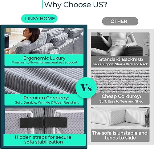 Miniatura 5 de LINSY HOME Sofá cama convertible con 2 almohadas y otomana, sofá modular en forma de L, sofás plegables de pana, sofá de compresión para sala