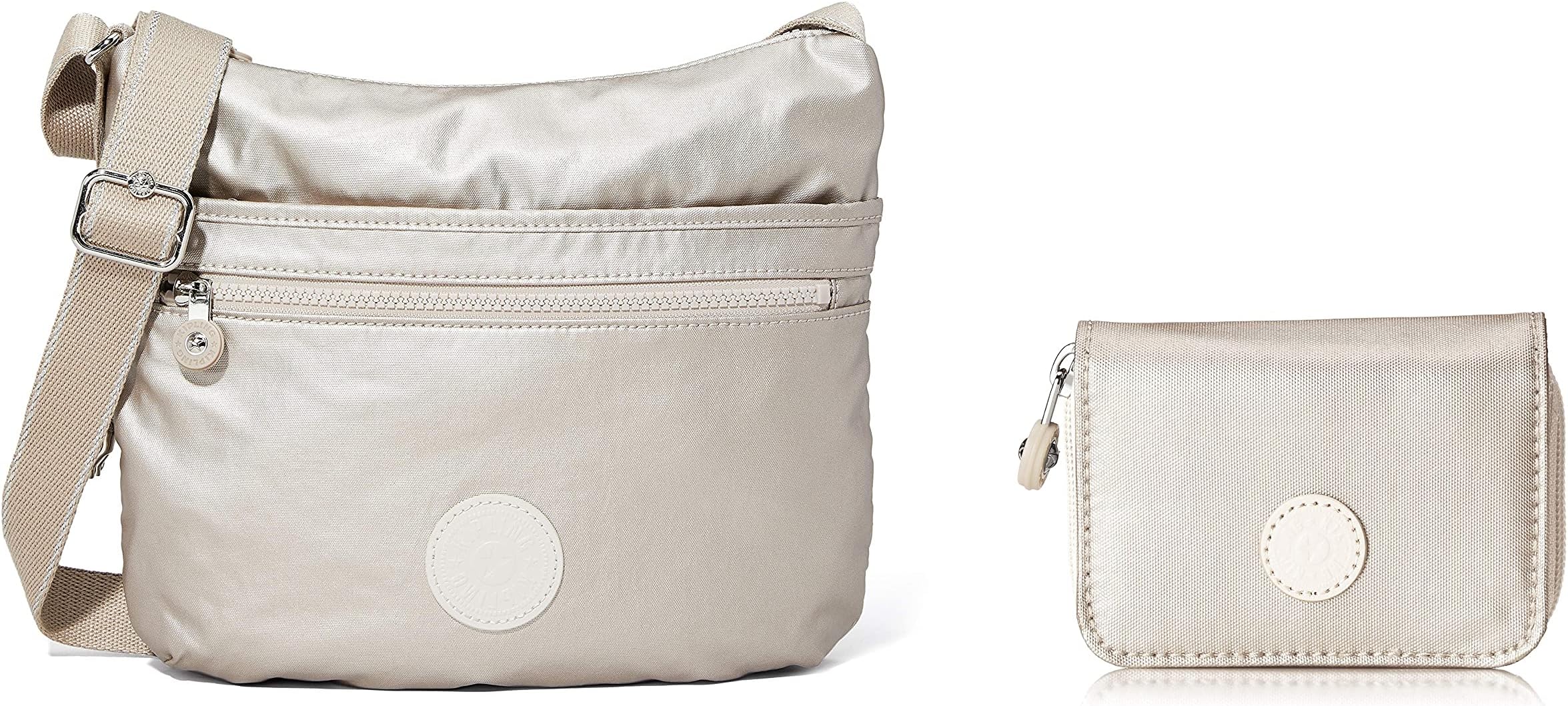 Kipling Sabian Tracolla Donna, Platino Metallizzato, In Nylon, Con Portachiavi Scimmia, 2L