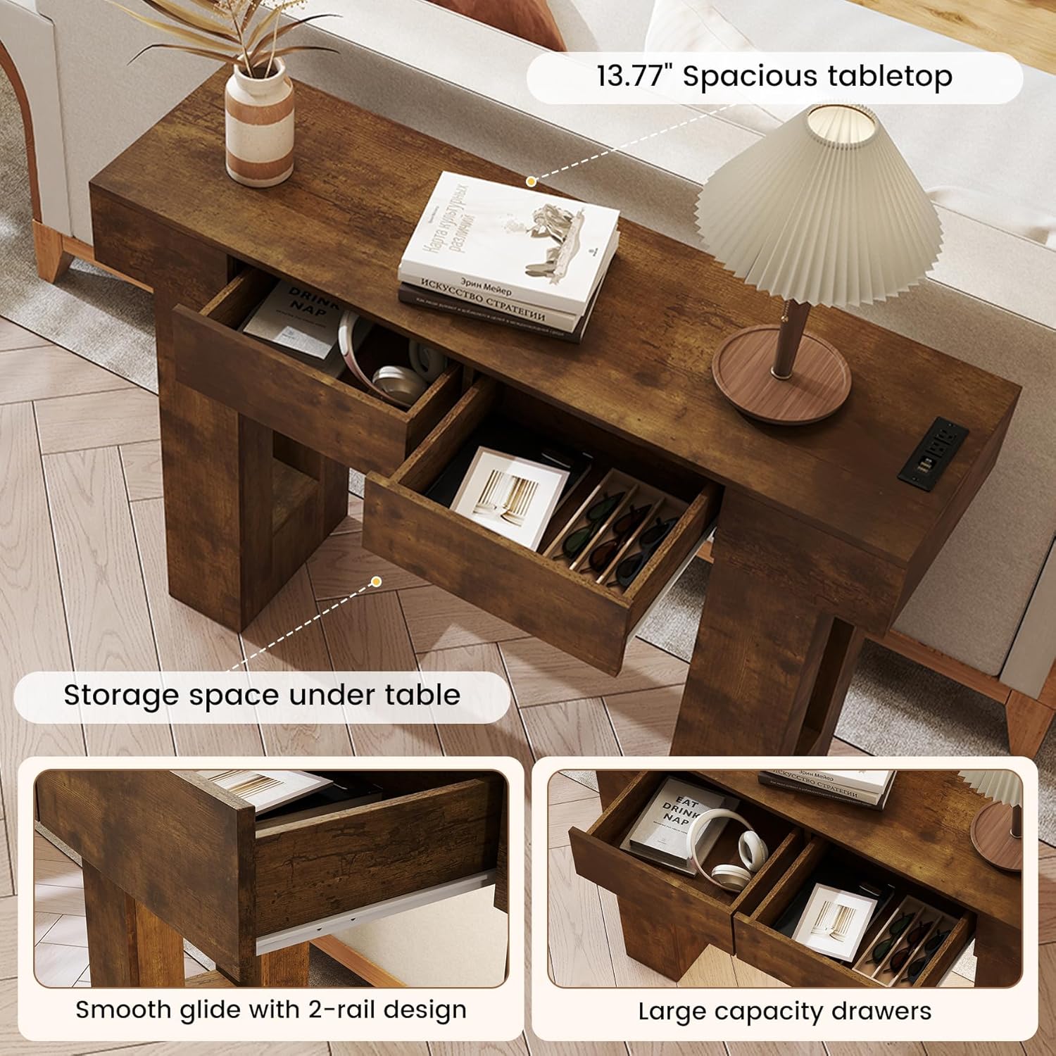 Miereirl 47" Entryway Table with Storage Drawer, Farmhouse Narrow Console Sofa Table with Outlet & LED Light,Wooden Rectangular Side Tables for Behind Couch, Living Room, Entrance, Vintage Brown