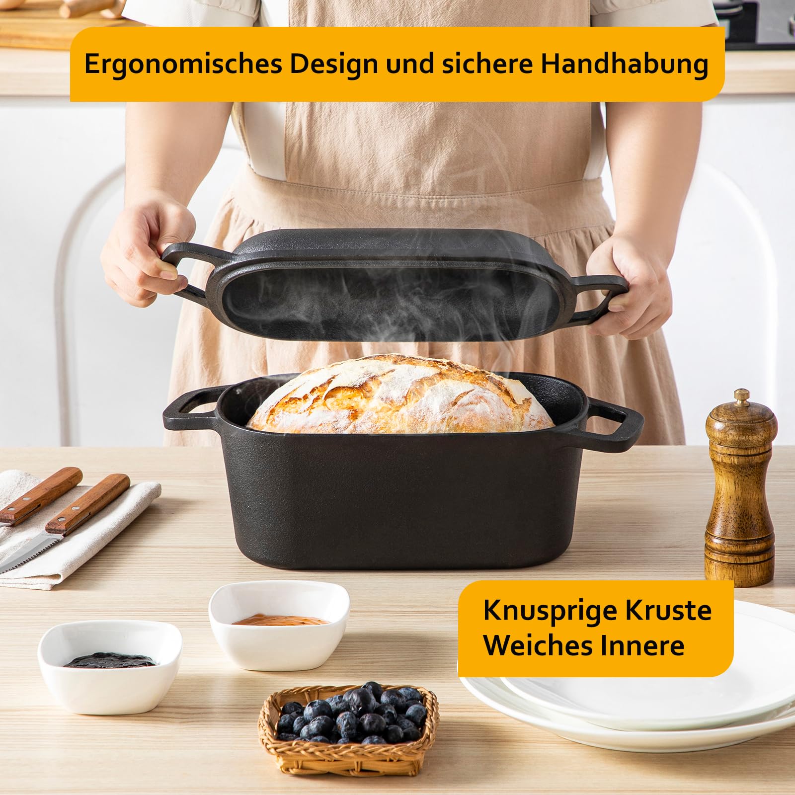 Velaze Schmortopf mit Deckel, Quadrat Gusseisen Topf 3,45L, 28cm Gusseisen Bräter mit Deckel Backofengeeignet, Induktion, Indoor & Outdoor – Cast Iron Pot für Bräter & Schmortöpfe Rot