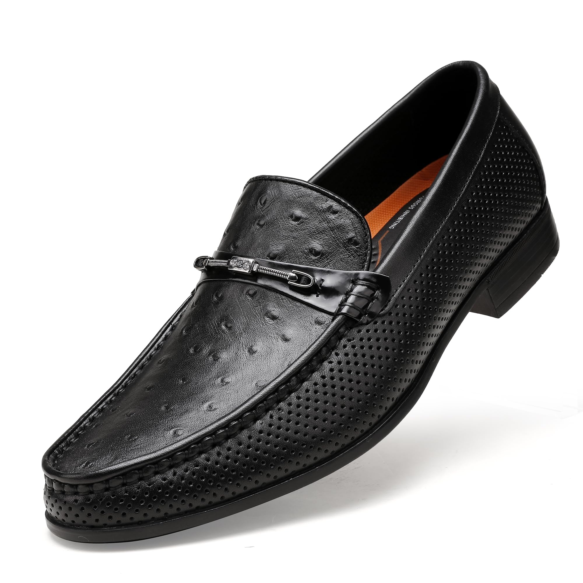 Black Men's Leather Dress Shoes, Casual Ostrich Print Slip on Loafer Moc Toe Metal Buckle Penny Formal Shoes for Mens