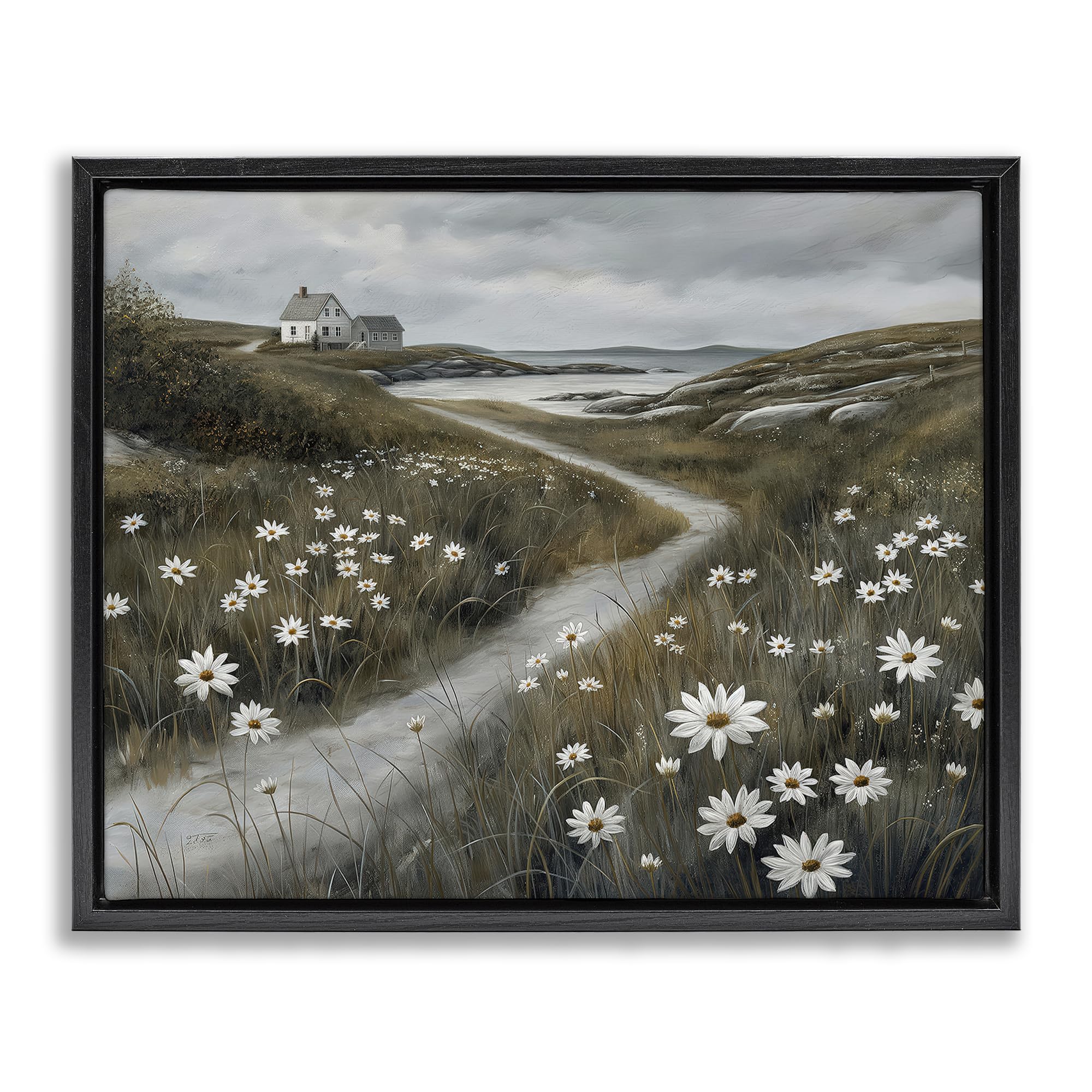Stupell Industries Jet Black (Matte) 'Daisies Along Coastal Path'| Floating Frame Canvas Art