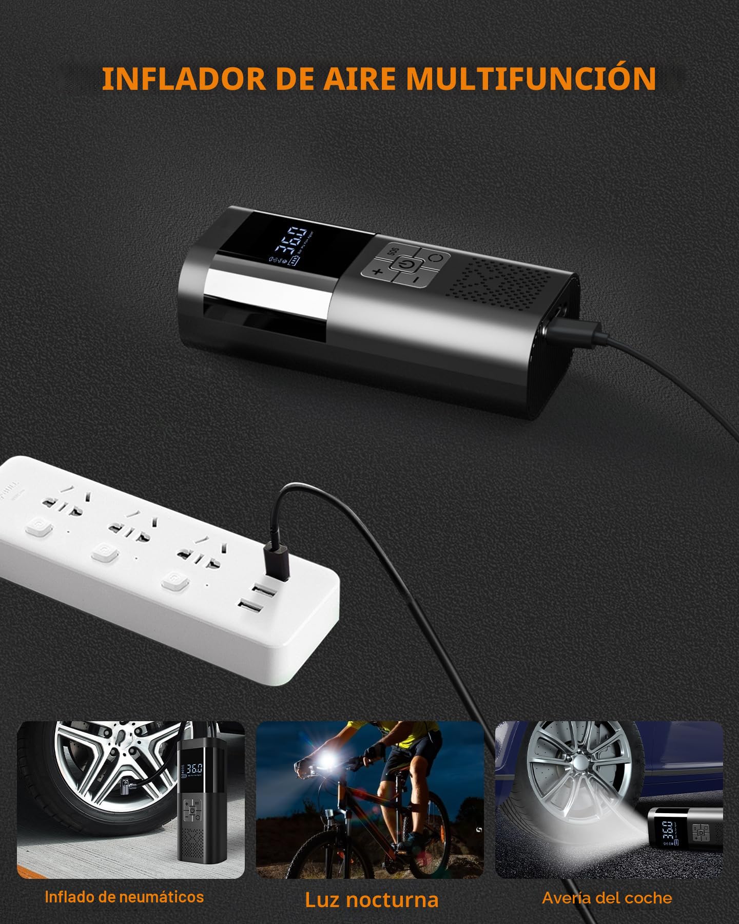 Compresor Aire Portatil, 150PSI Compresor Aire Coche, Inflador Ruedas Coche con Manómetro, Inflador Electrico, con Luz LED para Coches Moto Bicicleta Bola