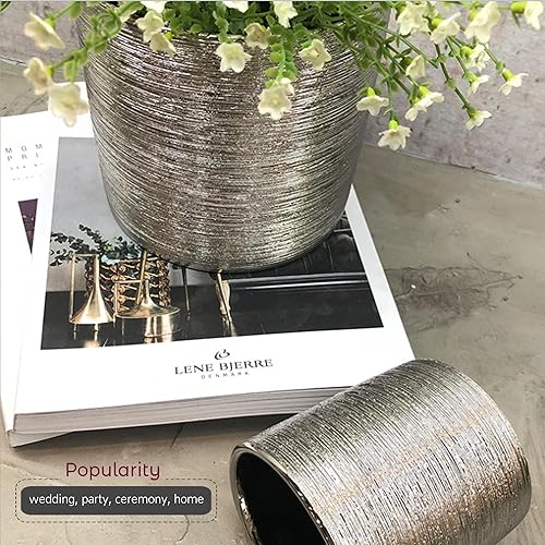 Miniatura 5 de WGVI Jarrón cilíndrico de cerámica grabada plateada de 6.5 pulgadas de ancho y 6 pulgadas de alto, arreglos florales, portavelas, maceta de