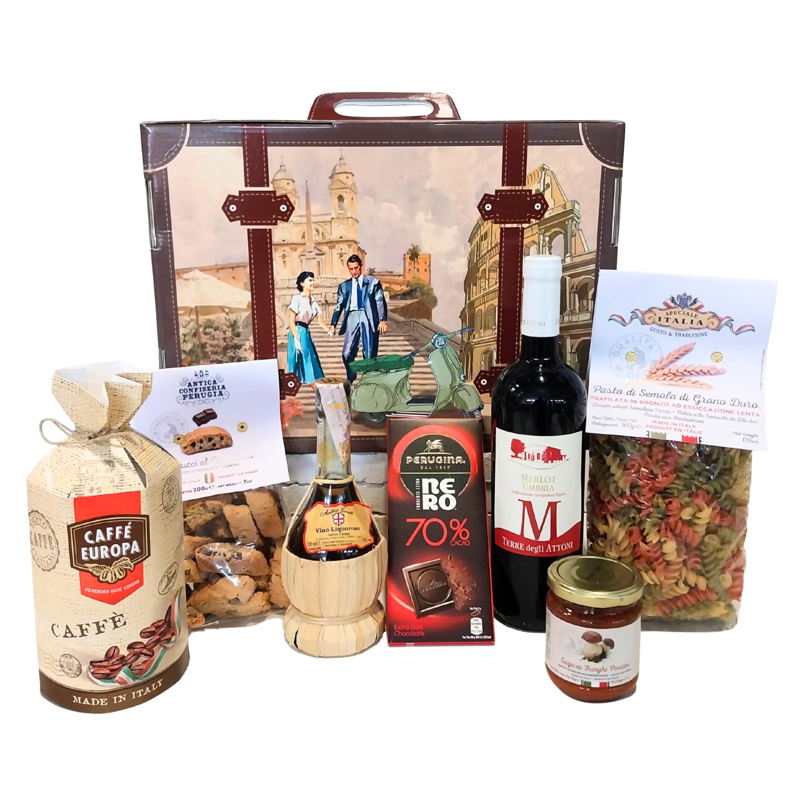Speciale Italia Cesto Regalo Gastronomico – 7 Prodotti Tipici Italiani in Valigia Riutilizzabile – Confezione Alimentare Gourmet Made in Italy Ideale per Regali
