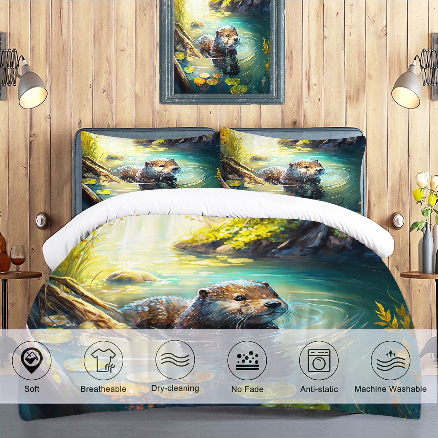 SMchwbc Otter Bed Linen 135 x 200 cm, Cute Otter Duvet Cover for Boys Girls Otter Animal Bed Linen Set, 3D Print - Image 2