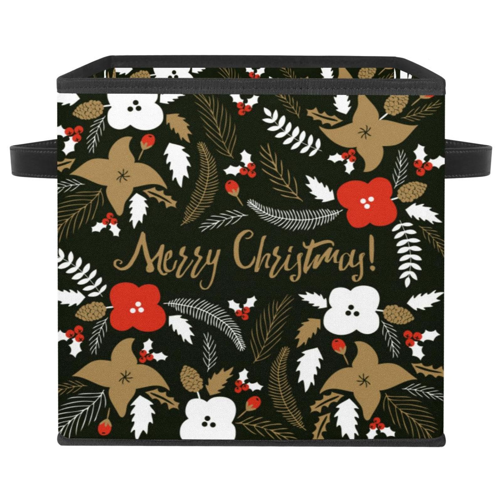Boîte de rangement pliable en tissu cube avec poignées motif fleurs de Noël