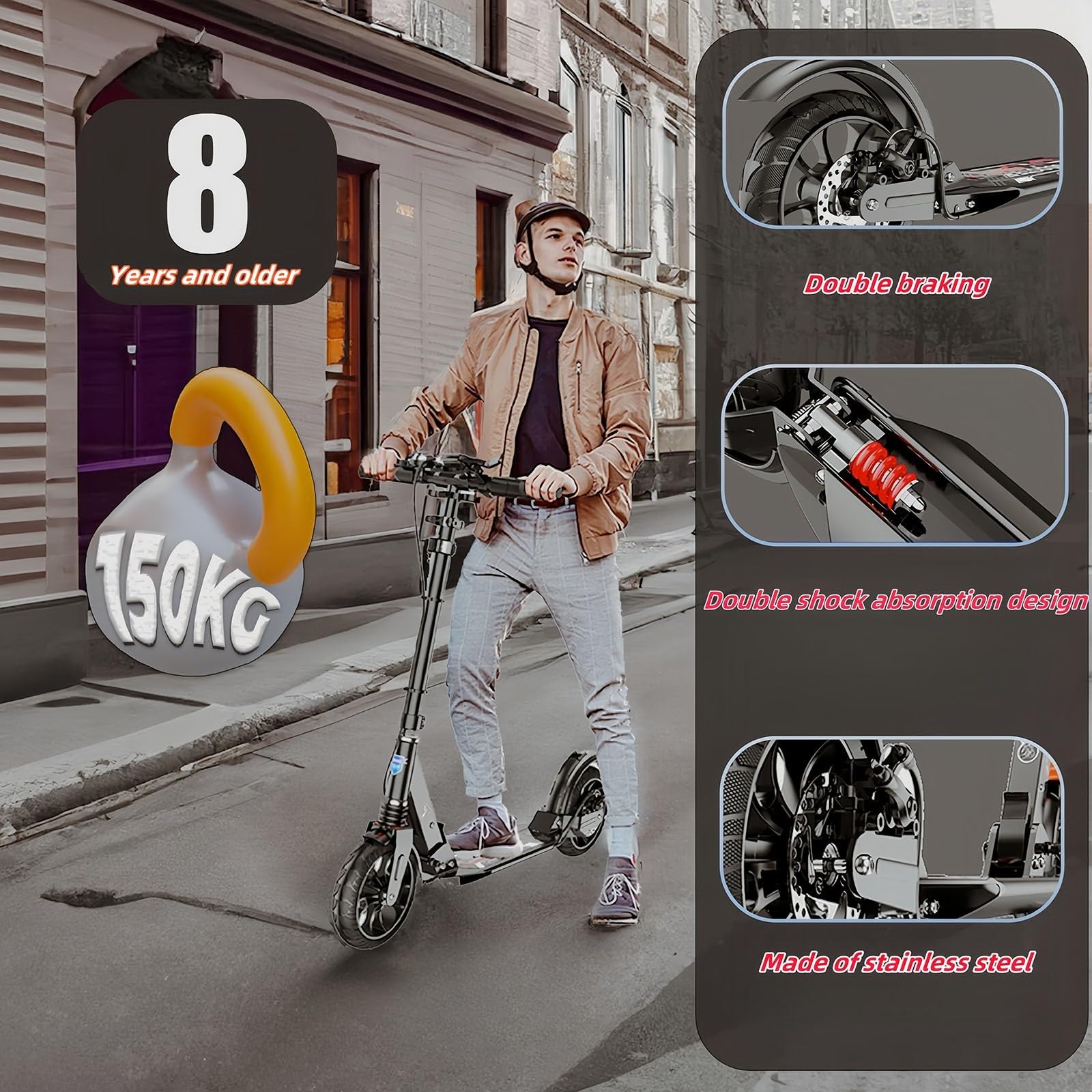 Monopattino Per Adulti 200Mm Big Wheel City Scooter Con Freni E Ammortizzatori, Capacità Di Carico 150 Kg, Altezza Regolabile, Monopattino Per Bambini Da 8 Anni